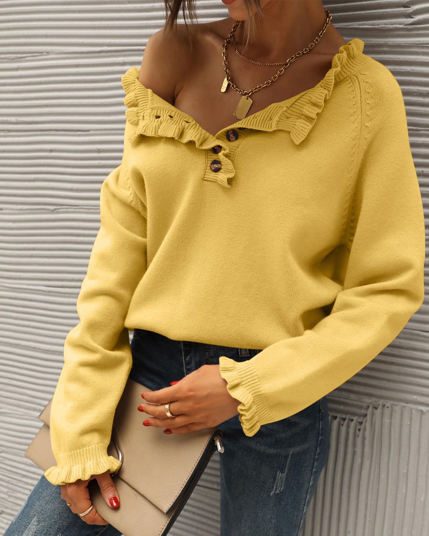 BTFBM 2024 Womens Sweaters Fall Winter Outfits Long Sleeve Button Down Ruffle Crew Neck Casual Knitted Pullover Tops