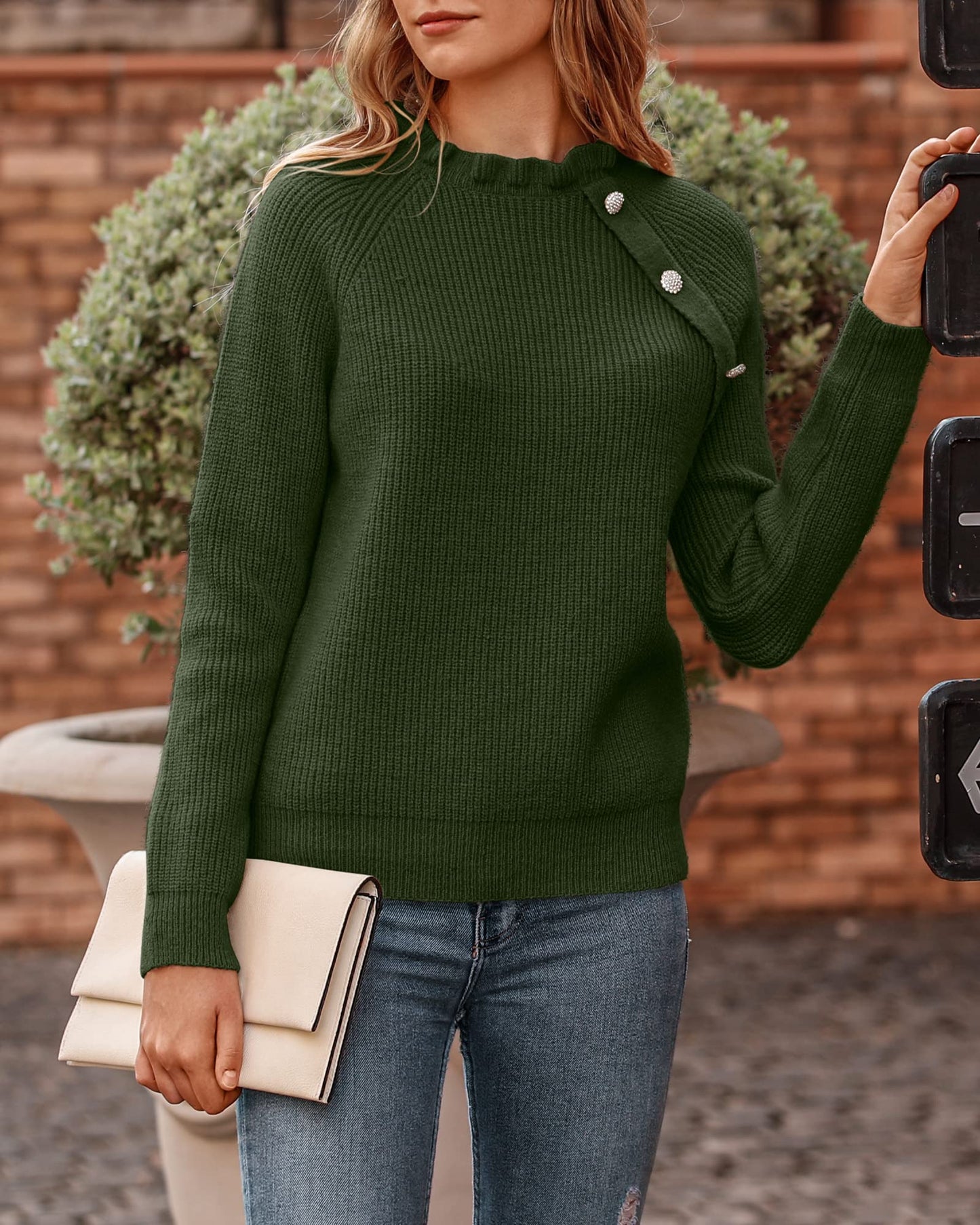 BTFBM 2024 Womens Sweaters Fall Winter Outfits Long Sleeve Button Down Ruffle Crew Neck Casual Knitted Pullover Tops