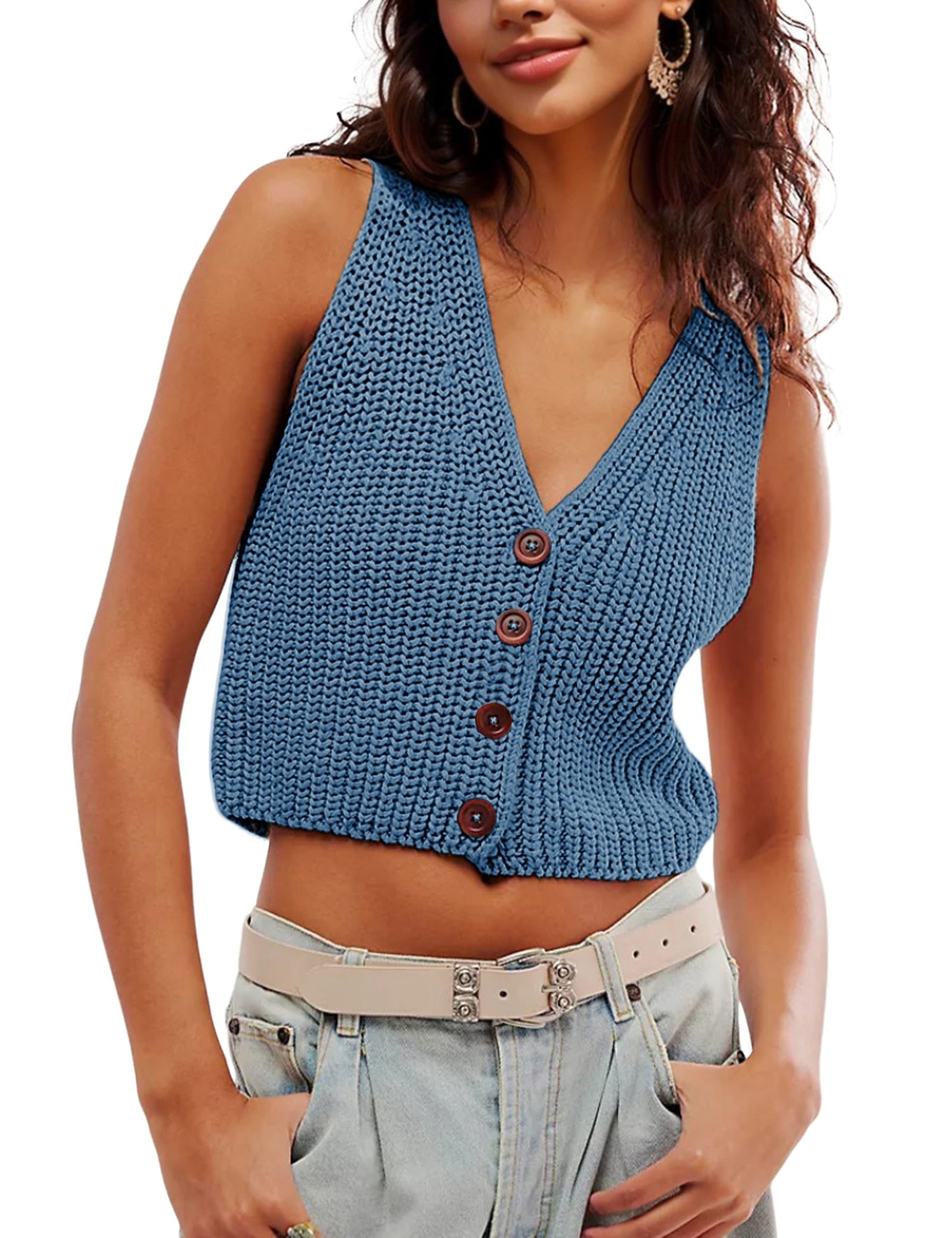 SKIKYAN Womens Casual Knit Sweater Vest Button Down Sleeveless Crochet Crop Short Cardigans