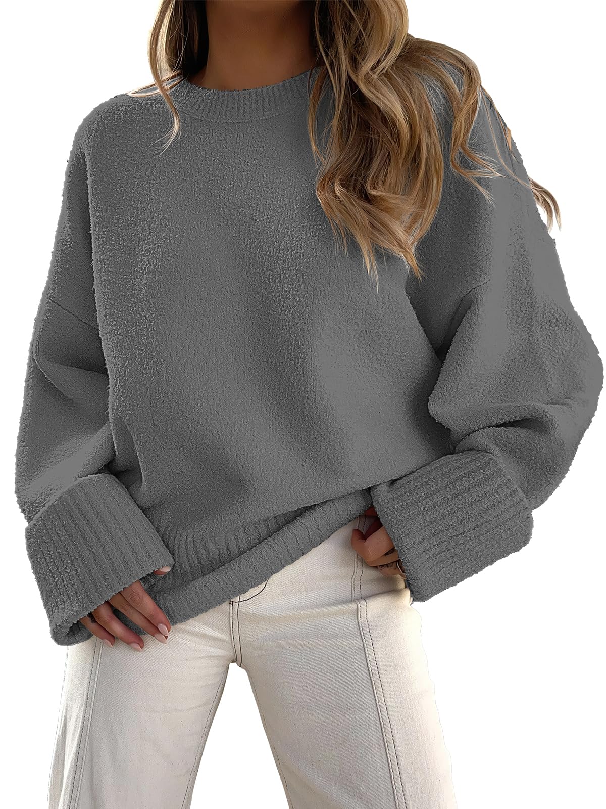 ANRABESS Women's Oversized Crewneck Long Sleeve Fuzzy Knit Casual Chunky Warm 2024 Fall Pullover Sweaters Top Trendy Outfits