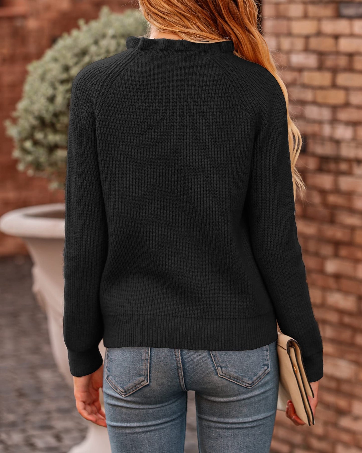 BTFBM 2024 Womens Sweaters Fall Winter Outfits Long Sleeve Button Down Ruffle Crew Neck Casual Knitted Pullover Tops