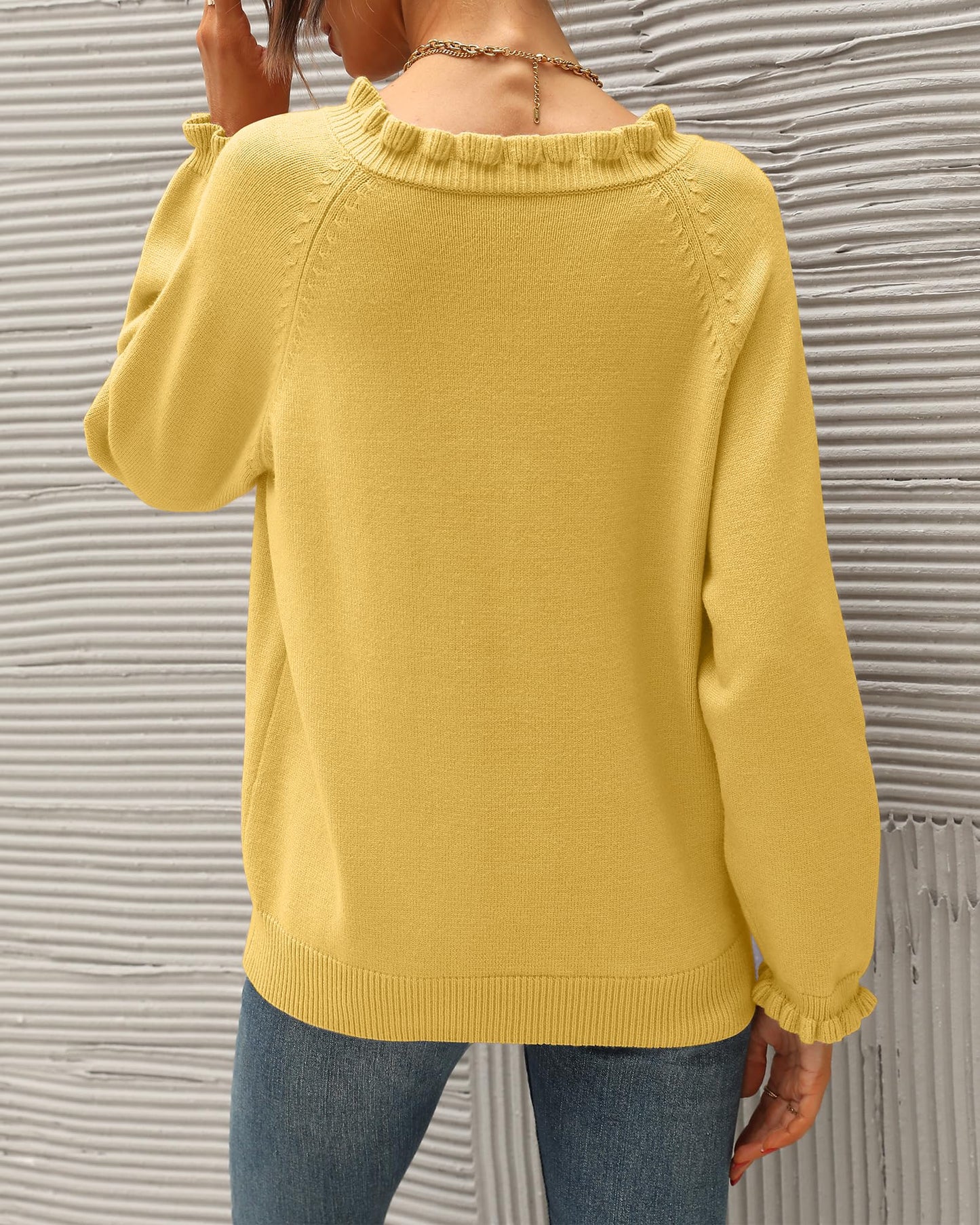 BTFBM 2024 Womens Sweaters Fall Winter Outfits Long Sleeve Button Down Ruffle Crew Neck Casual Knitted Pullover Tops