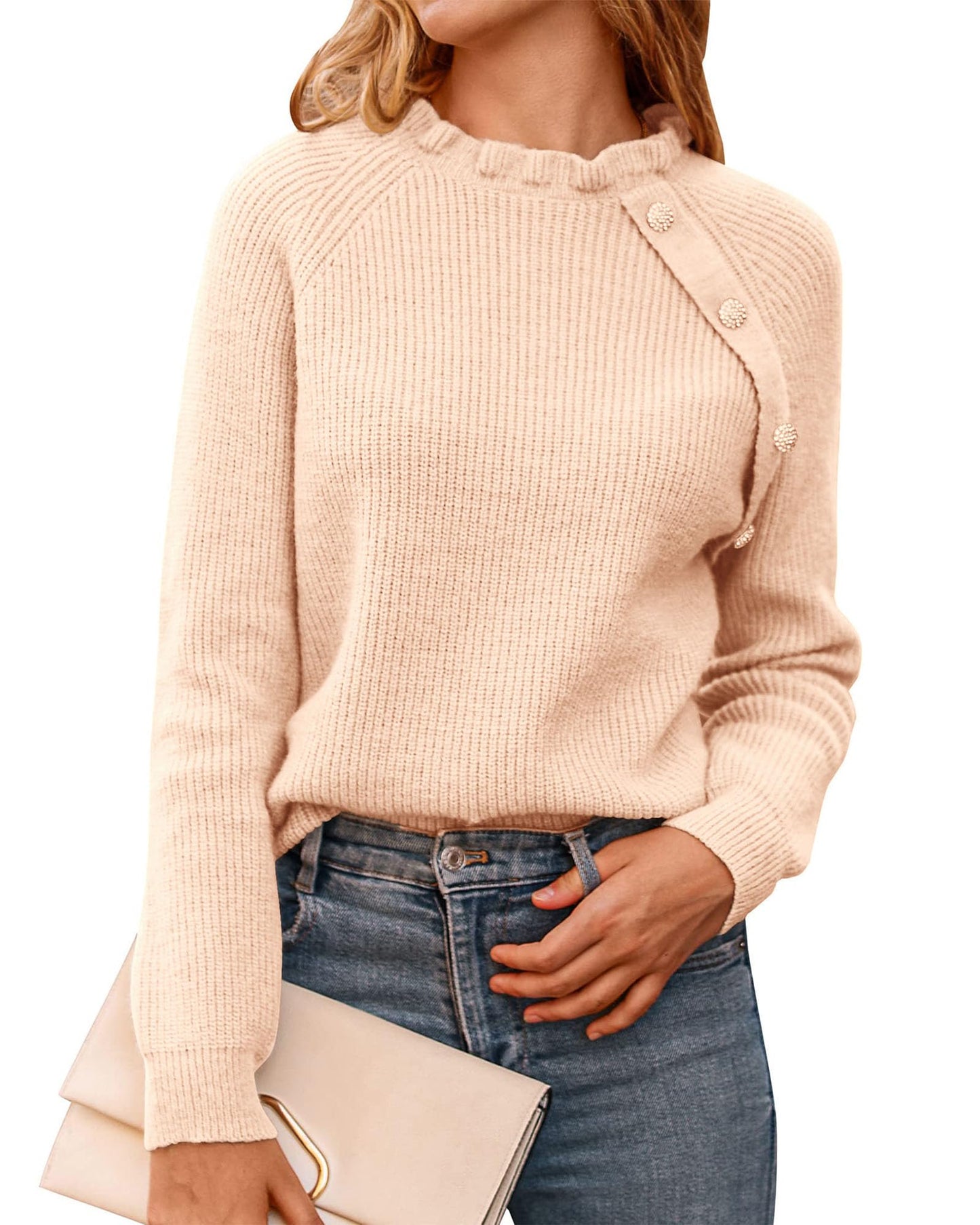 BTFBM 2024 Womens Sweaters Fall Winter Outfits Long Sleeve Button Down Ruffle Crew Neck Casual Knitted Pullover Tops