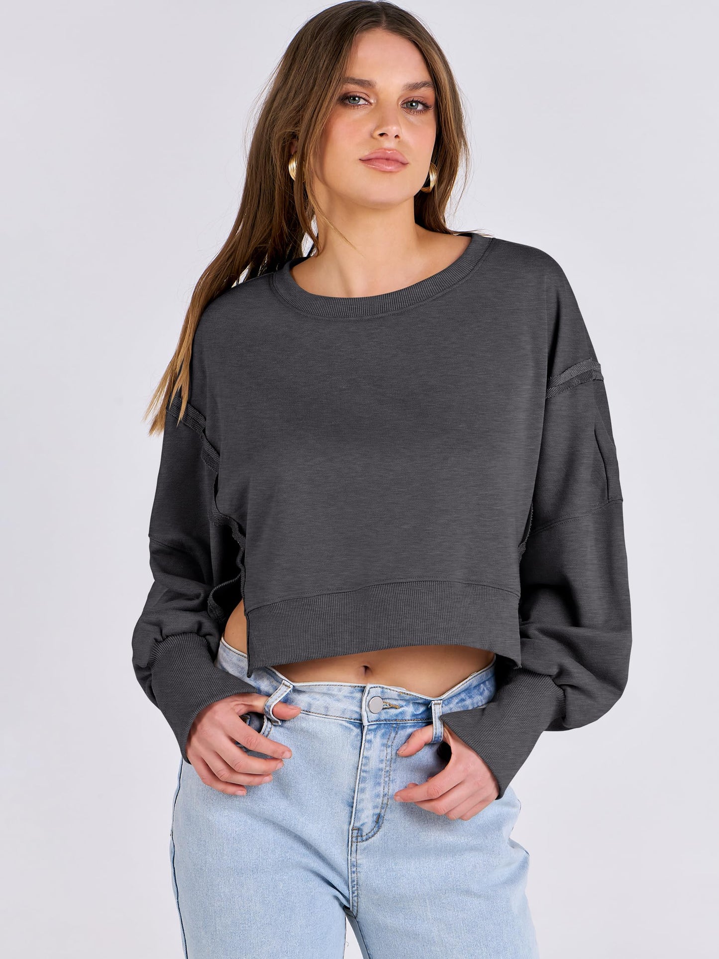 ANRABESS Womens Cropped Oversized Sweatshirts Crewneck Long Sleeve Pullover 2024 Fall Teen Girls Y2K Fashion Crop Tops