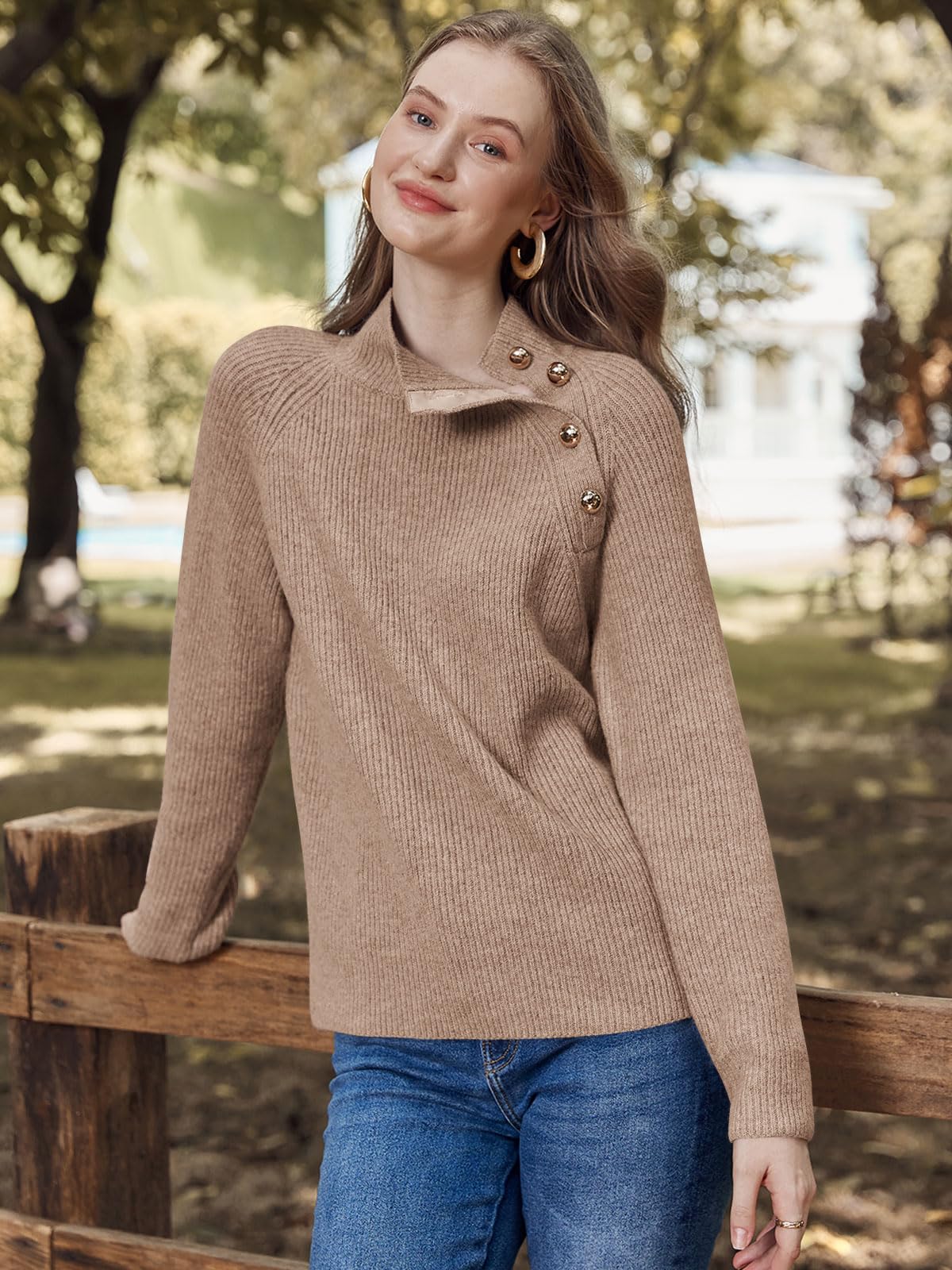 Women's Long Sleeve Ribbed Knit Sweater 2024 Fall Winter Casual Turtleneck Pullover Tops with Metal Buttons