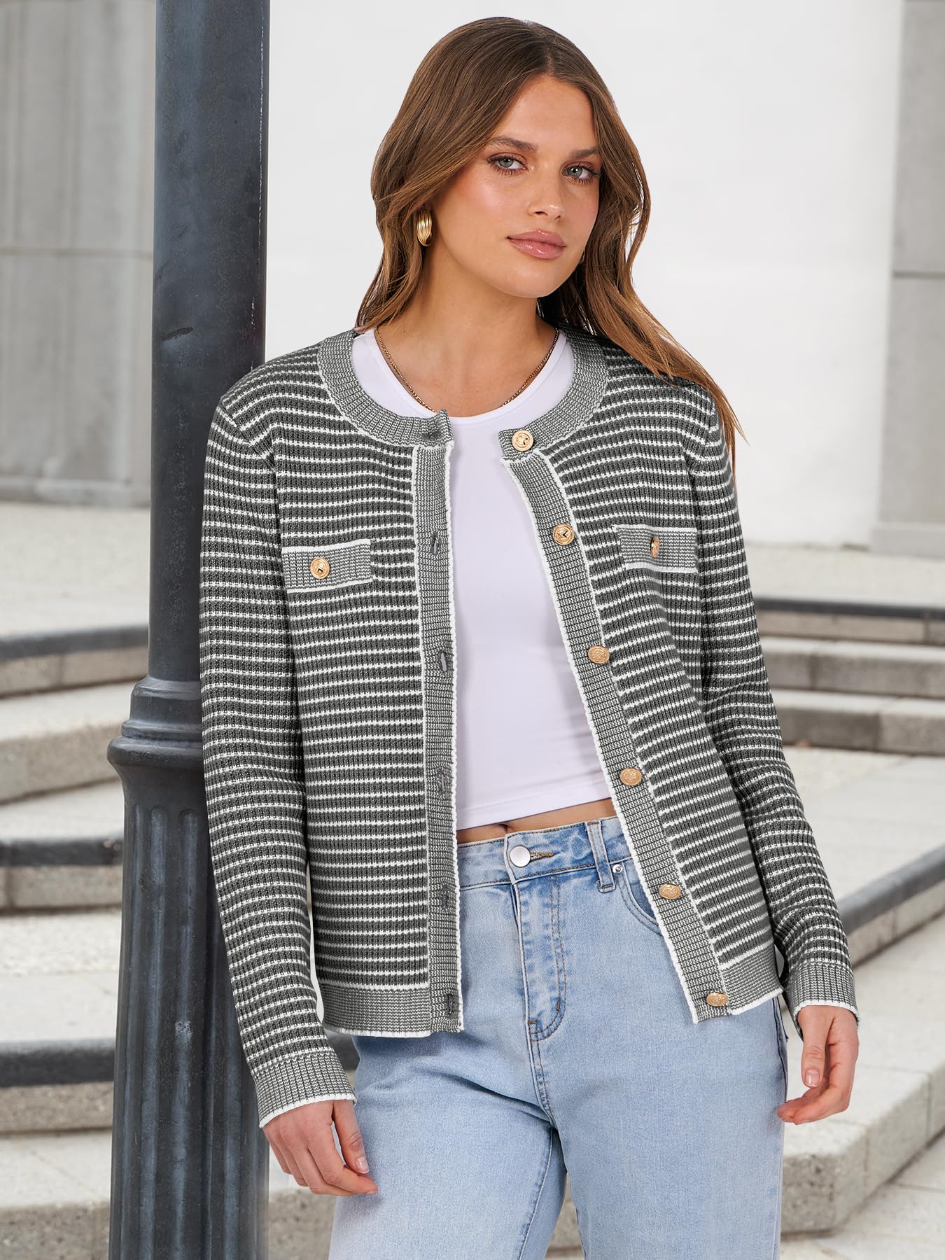 ANRABESS Women's Striped Cardigan Sweaters Casual Long Sleeve Open Front Button Down Knit Cropped Jackets Fall Coat Outerwear