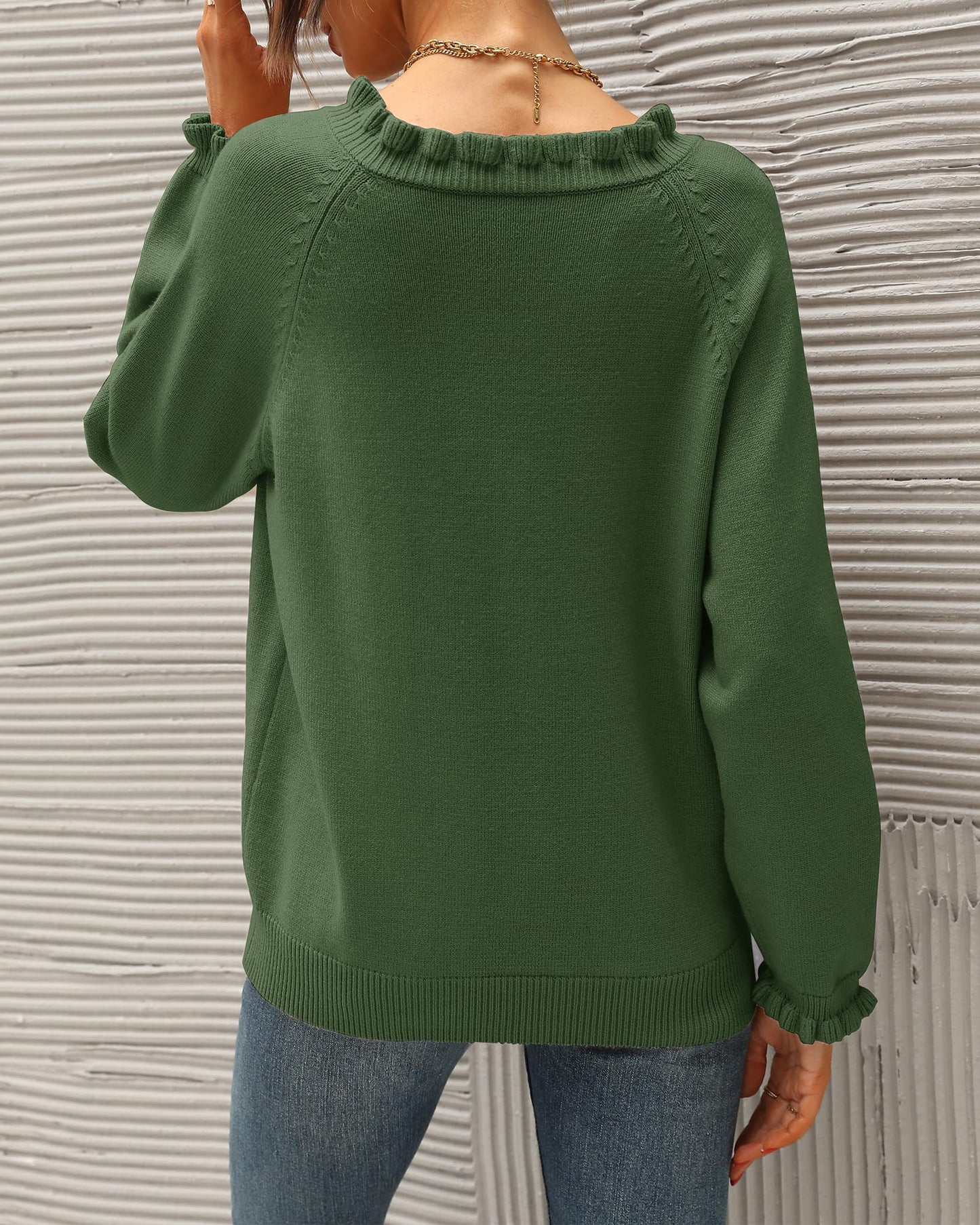 BTFBM 2024 Womens Sweaters Fall Winter Outfits Long Sleeve Button Down Ruffle Crew Neck Casual Knitted Pullover Tops