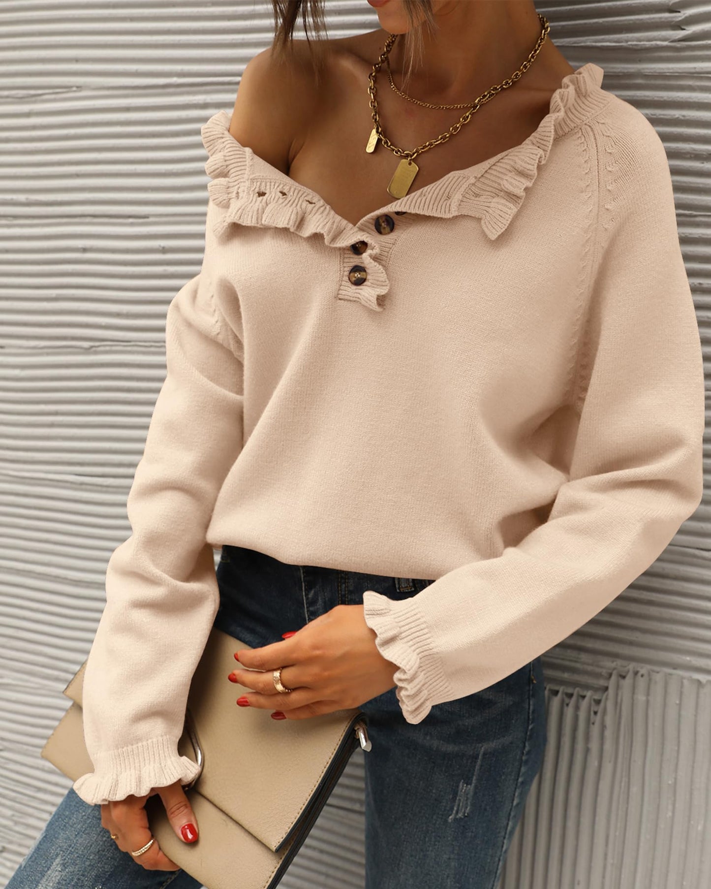 BTFBM 2024 Womens Sweaters Fall Winter Outfits Long Sleeve Button Down Ruffle Crew Neck Casual Knitted Pullover Tops