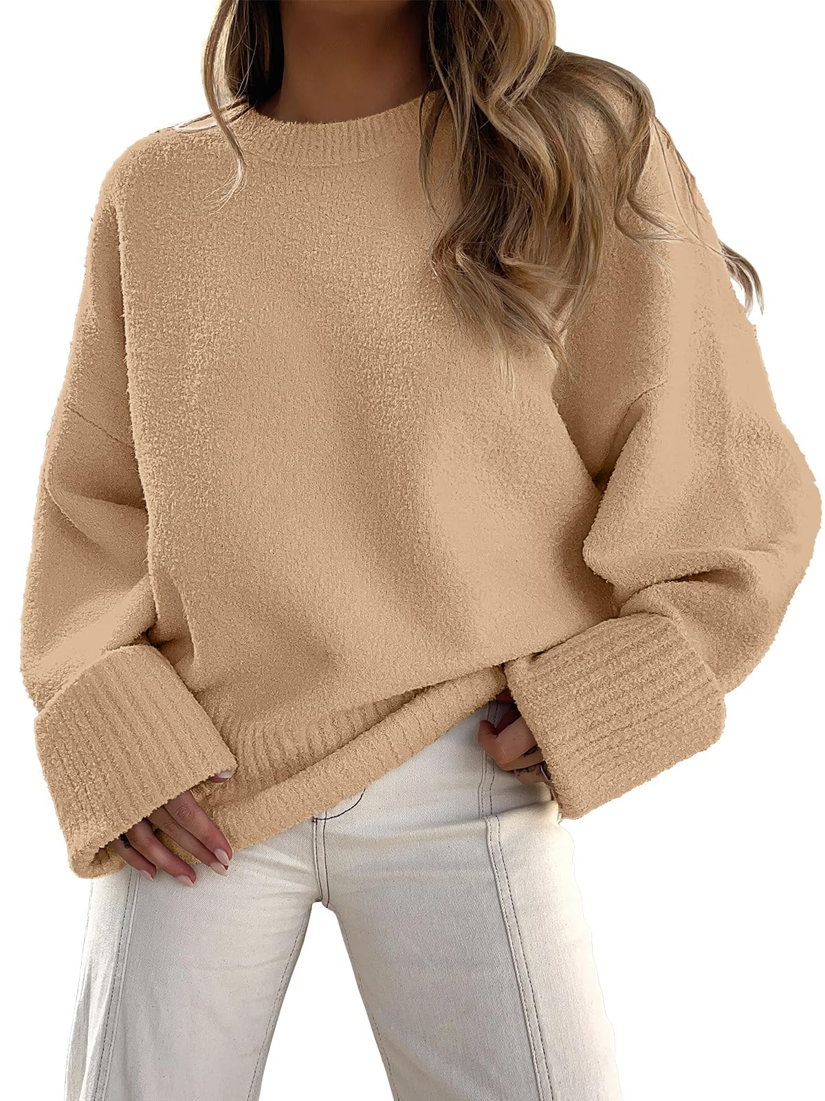 ANRABESS Women's Oversized Crewneck Long Sleeve Fuzzy Knit Casual Chunky Warm 2024 Fall Pullover Sweaters Top Trendy Outfits