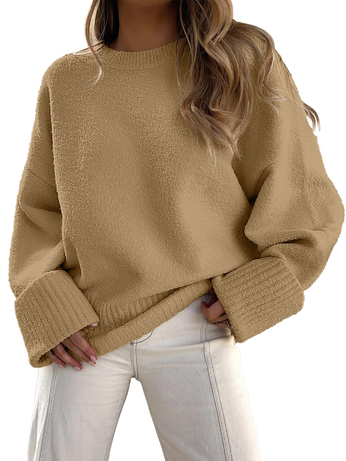 ANRABESS Women's Oversized Crewneck Long Sleeve Fuzzy Knit Casual Chunky Warm 2024 Fall Pullover Sweaters Top Trendy Outfits