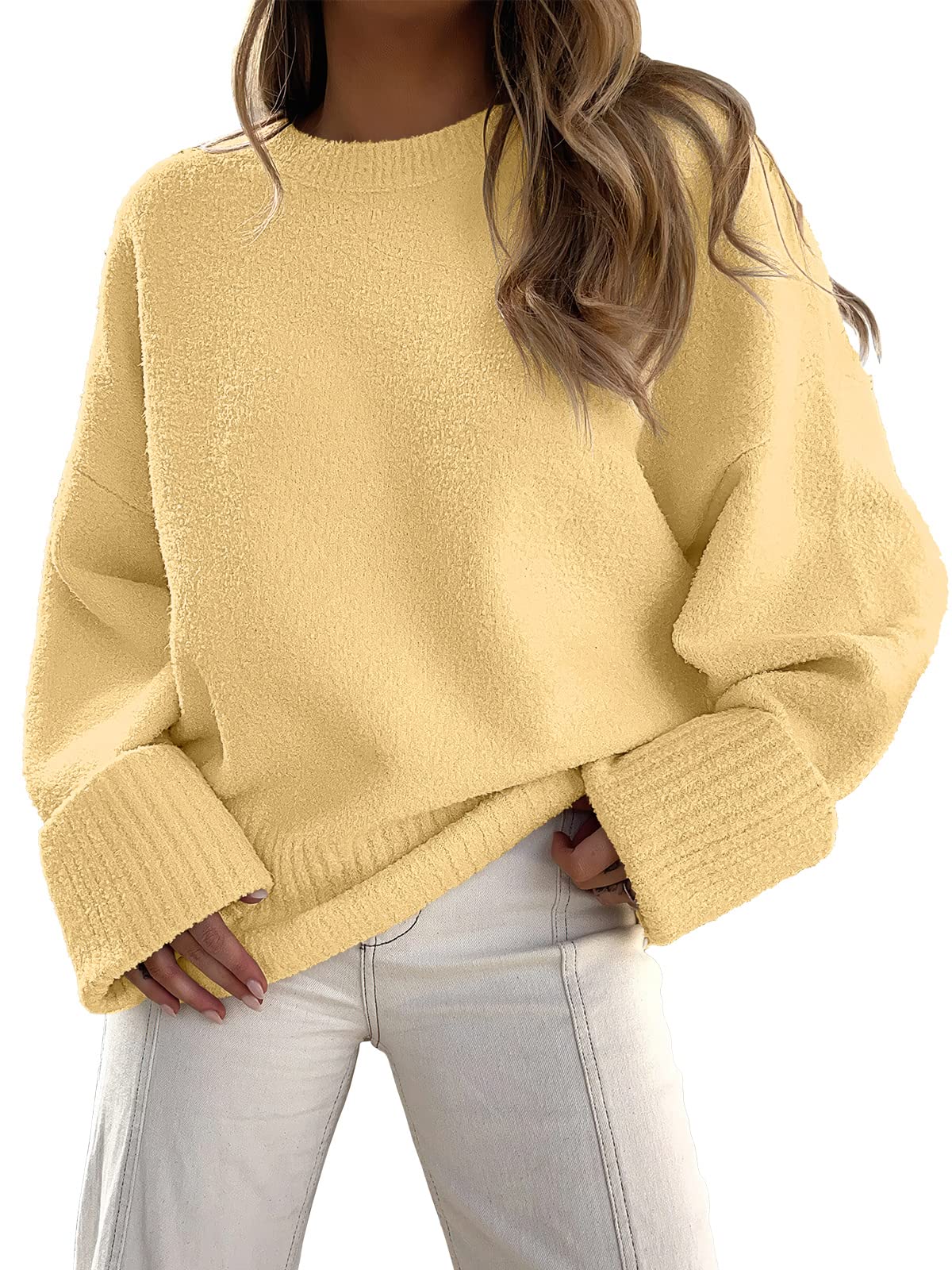 ANRABESS Women's Oversized Crewneck Long Sleeve Fuzzy Knit Casual Chunky Warm 2024 Fall Pullover Sweaters Top Trendy Outfits