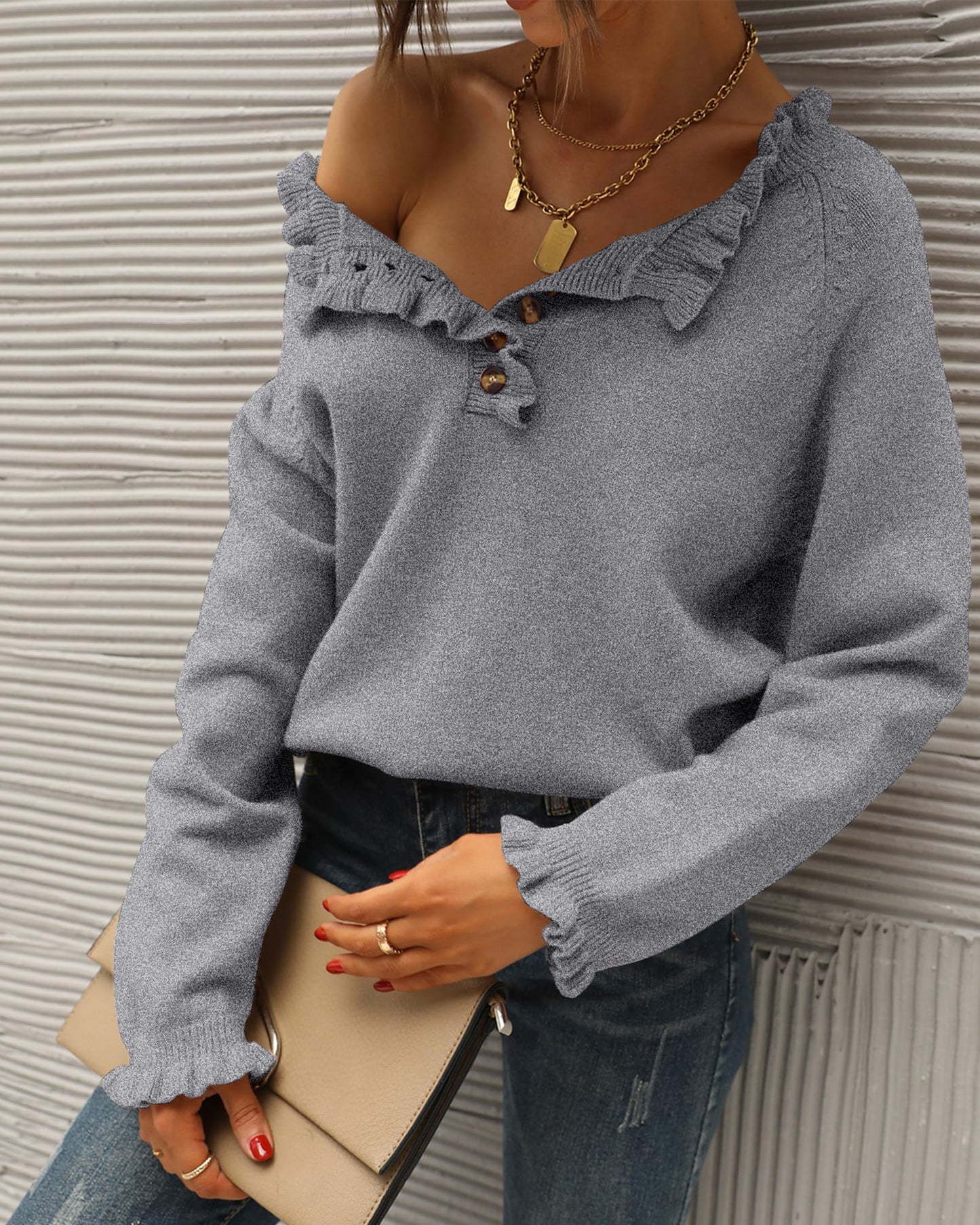 BTFBM 2024 Womens Sweaters Fall Winter Outfits Long Sleeve Button Down Ruffle Crew Neck Casual Knitted Pullover Tops