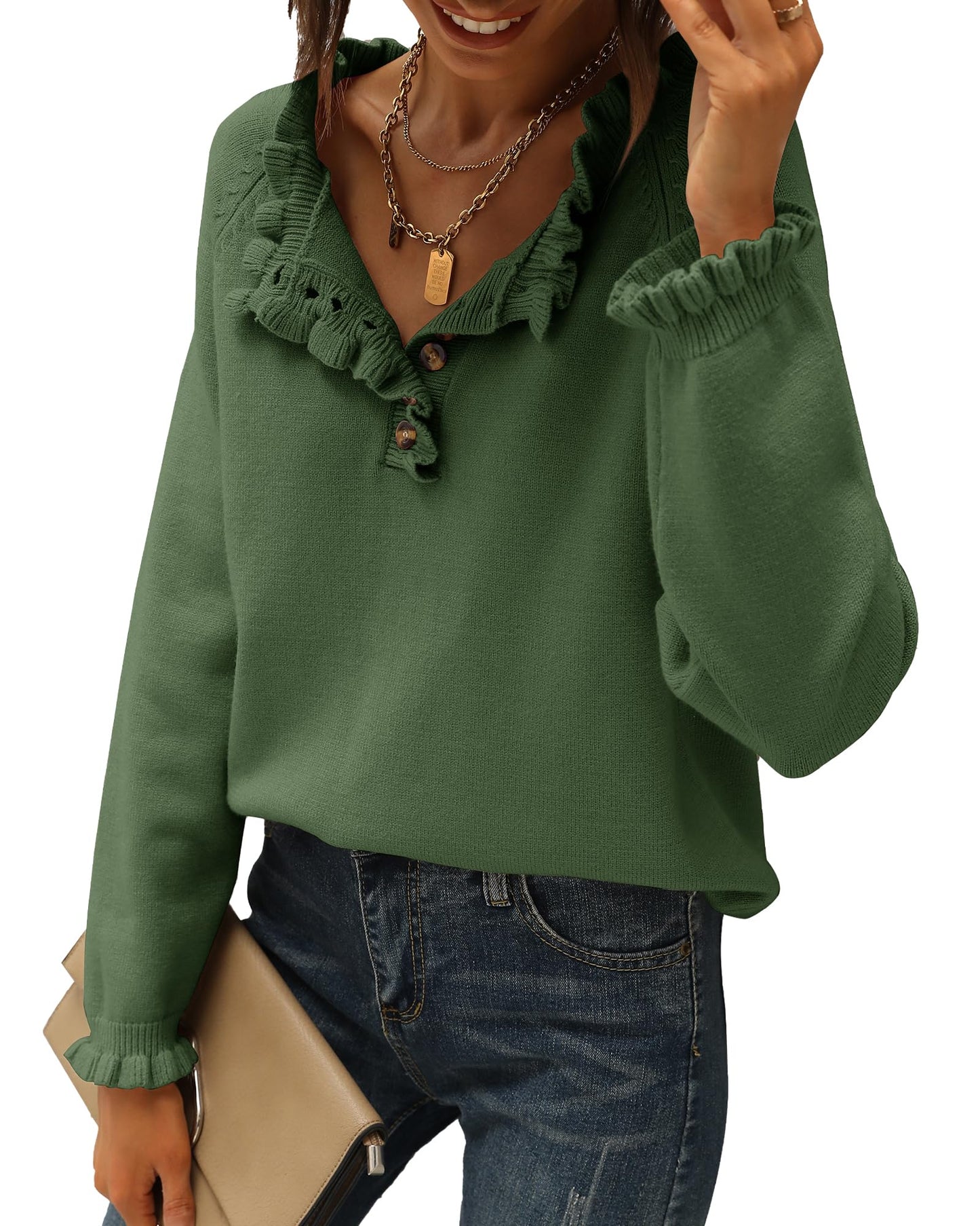 BTFBM 2024 Womens Sweaters Fall Winter Outfits Long Sleeve Button Down Ruffle Crew Neck Casual Knitted Pullover Tops