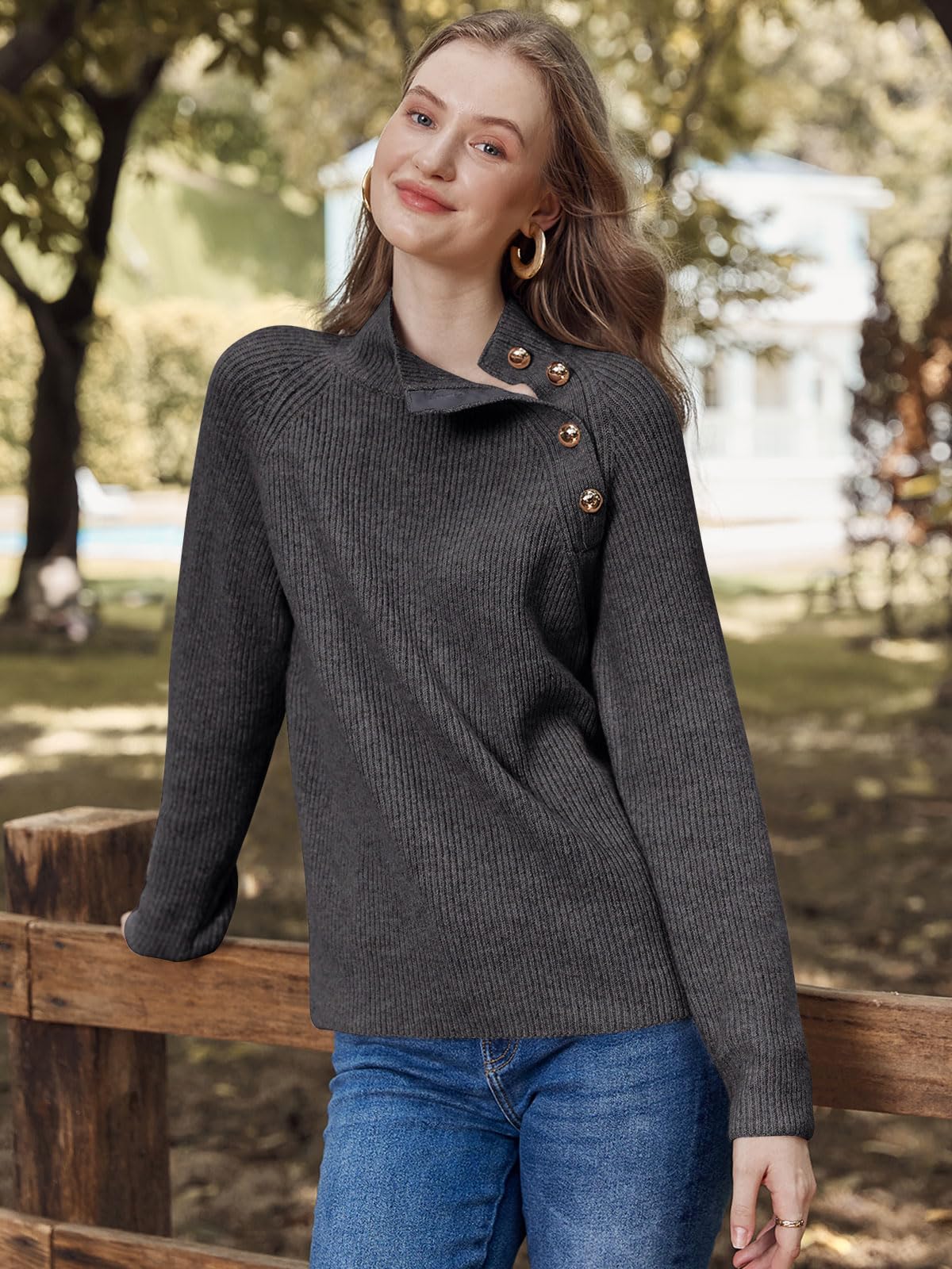 Women's Long Sleeve Ribbed Knit Sweater 2024 Fall Winter Casual Turtleneck Pullover Tops with Metal Buttons