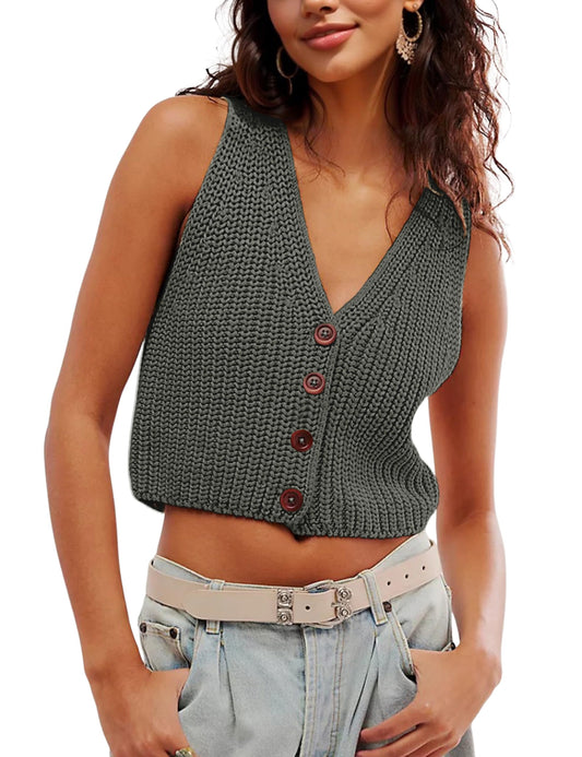 SKIKYAN Womens Casual Knit Sweater Vest Button Down Sleeveless Crochet Crop Short Cardigans