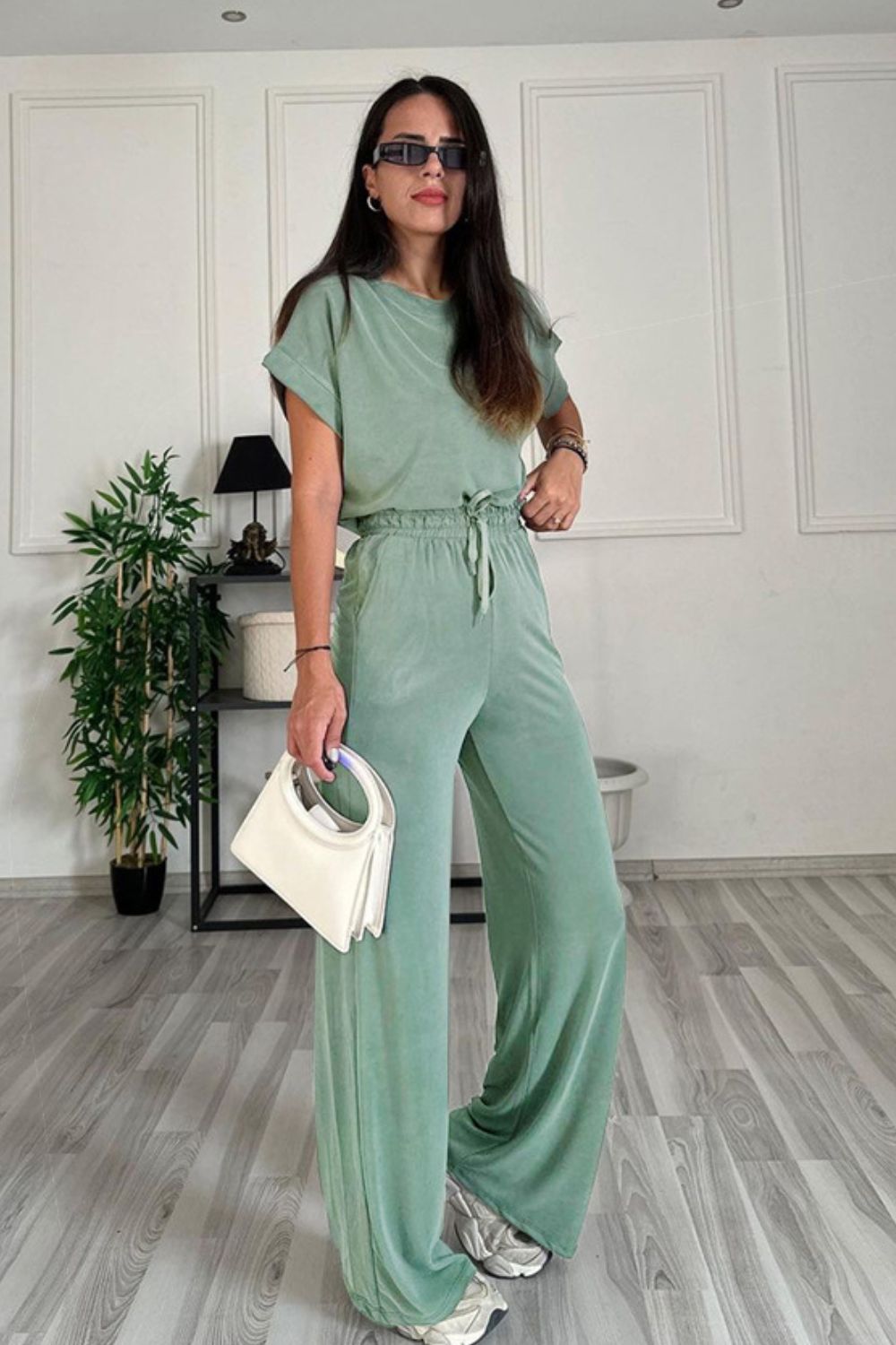 Round Neck Short Sleeve Top and Drawstring Pants Set