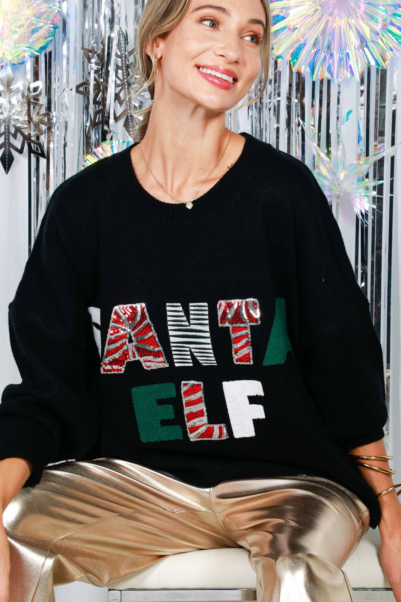 Vine & Love - SANTA ELF Sequin Embroidered Knitted Sweater Top VT82034-