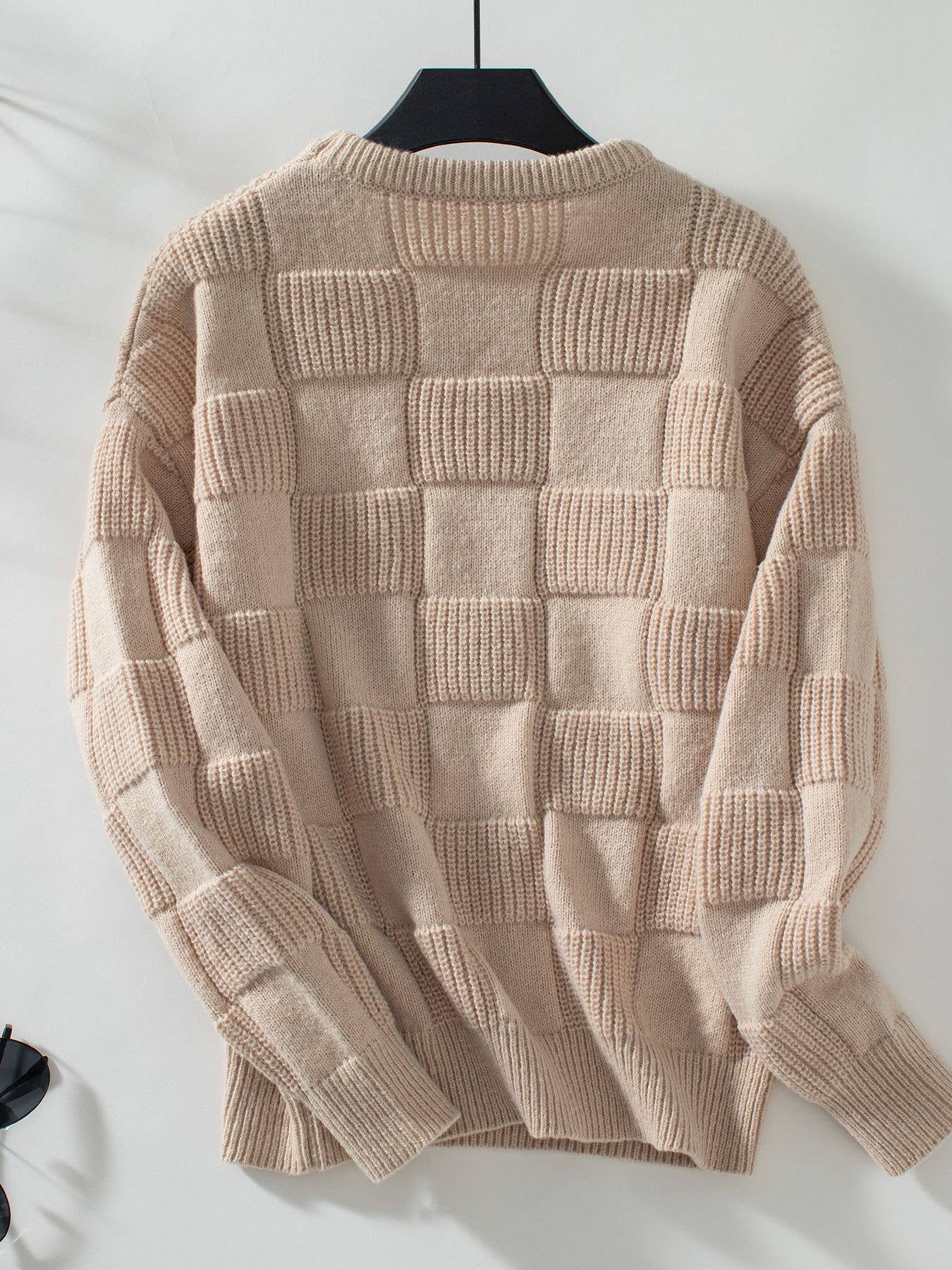 Rosa Clothing - Minimalist Checked Crewneck Sweater: Apricot / L