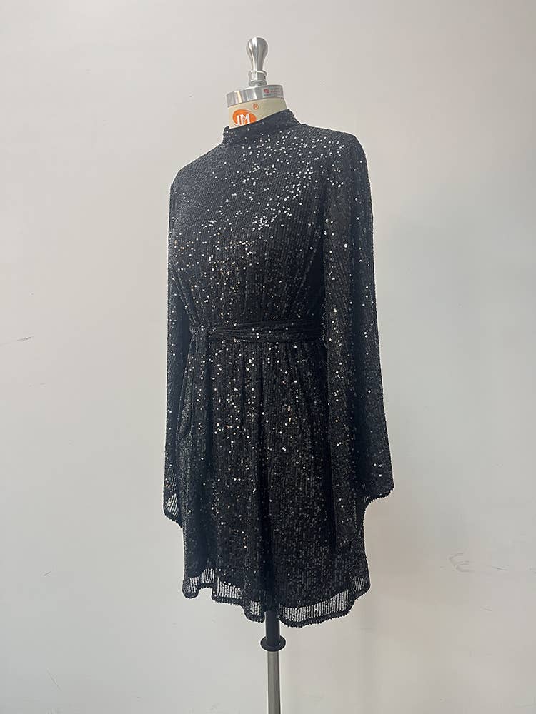 Rosa Clothing - Long sleeve party dress sequined cocktail dress: Black / L