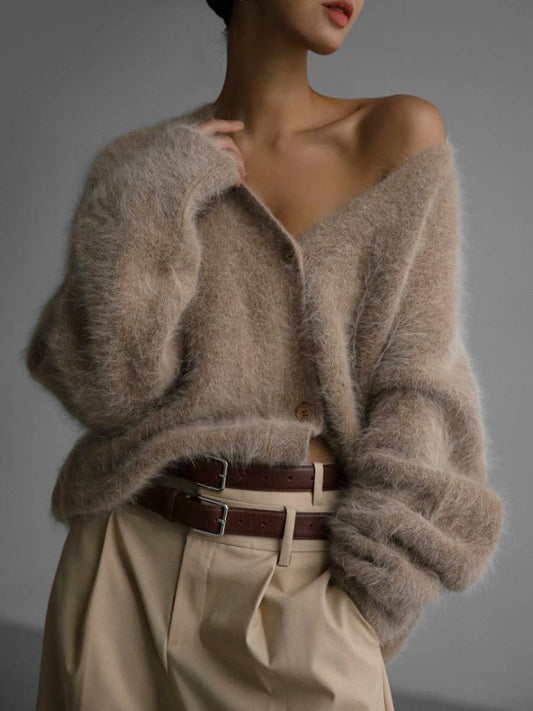 Rosa Clothing - Fluffy V-neck Button-down sweater Cardigan: Taupe / L