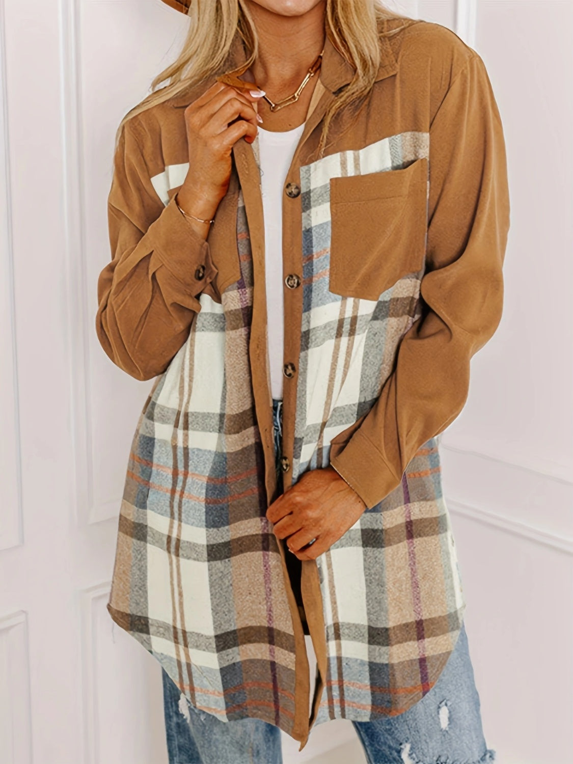 Plaid Collared Neck Long Sleeve Jacket