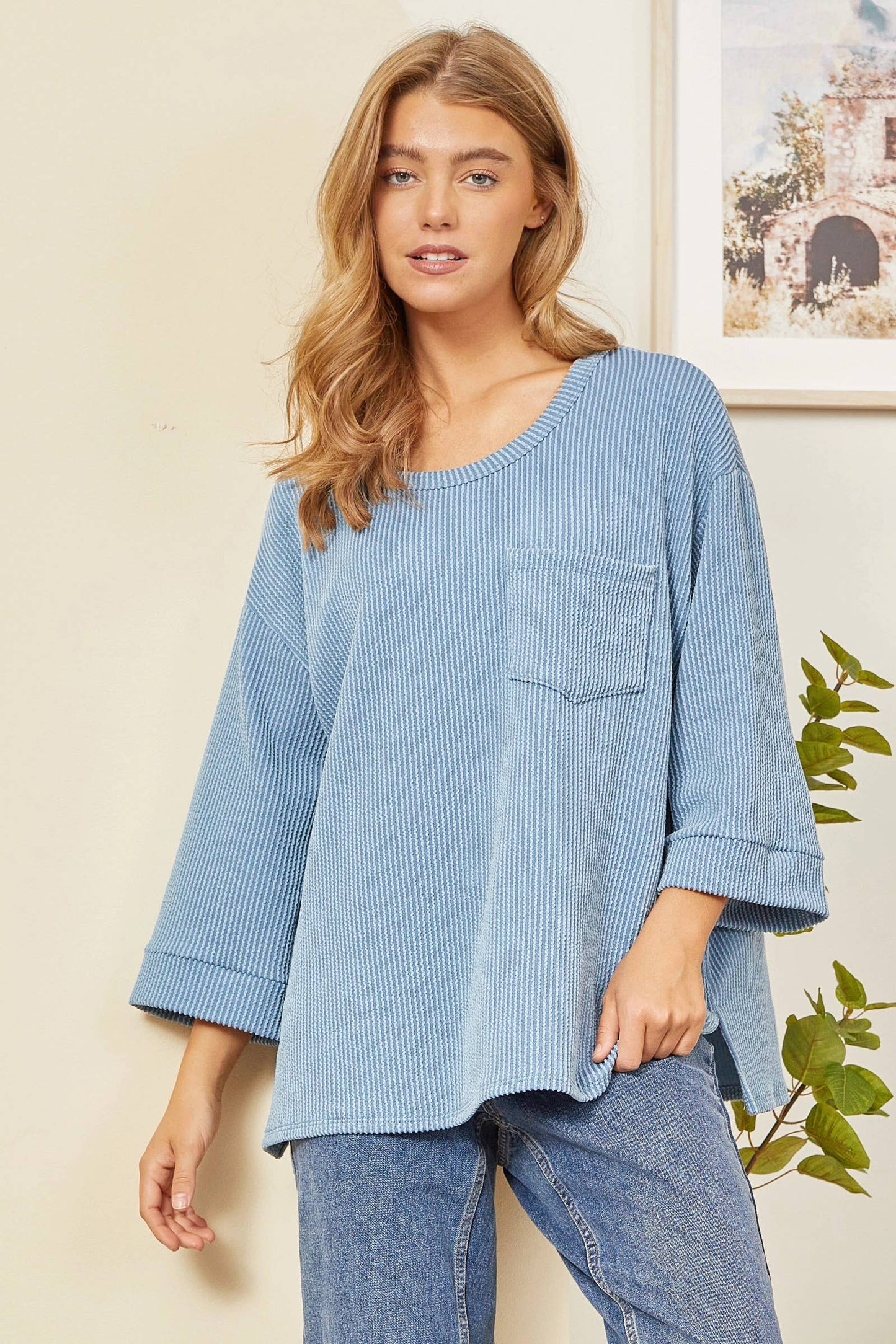 Andrée by Unit - Ribbed 3/4 Sleeve Knit Top MHS58