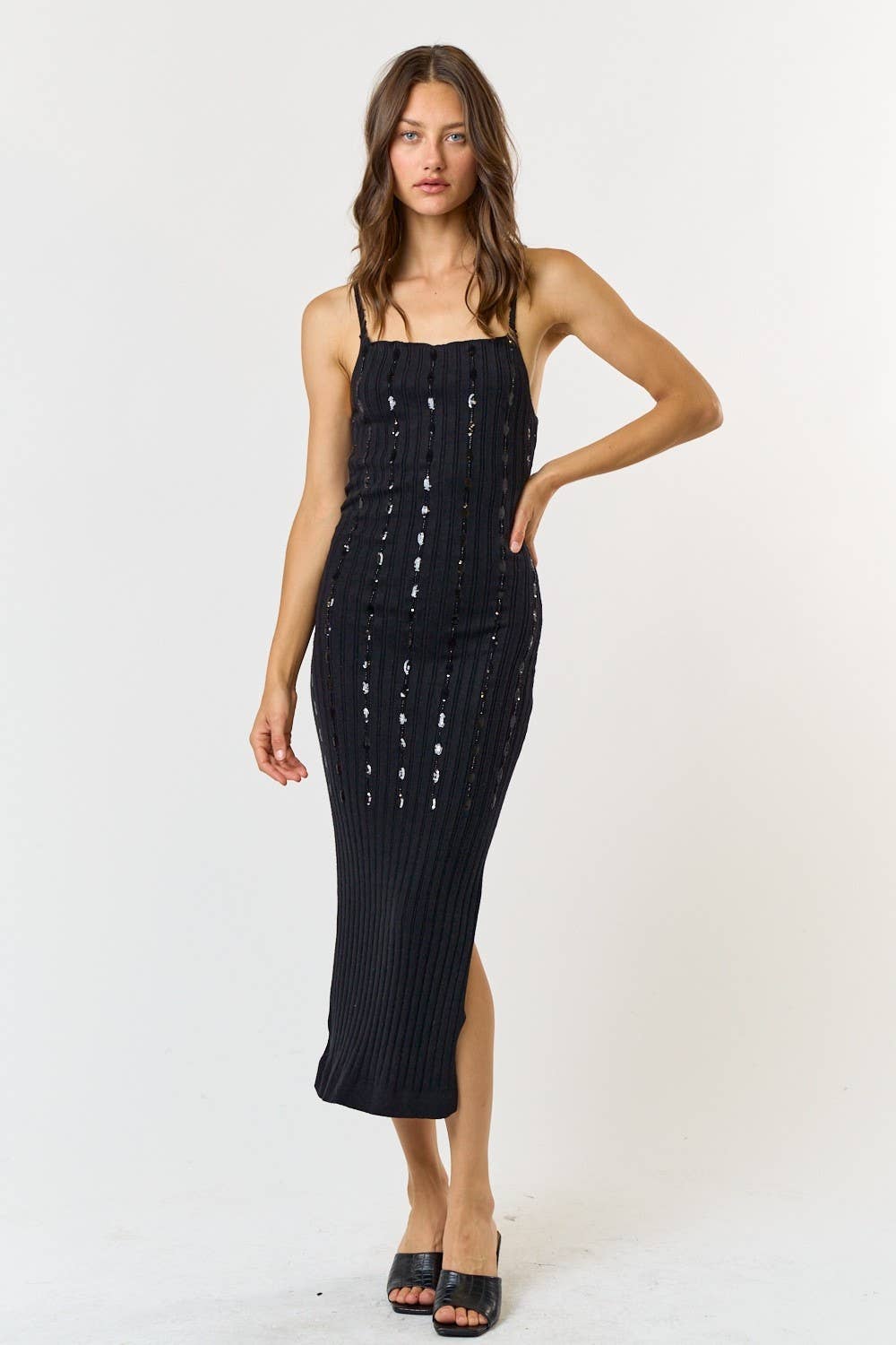 Lalavon - ILD4450 Sequin & Bead Ribbed Sweater Bodycon Mid Dress