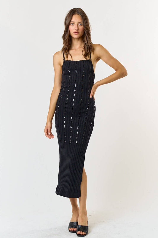 Lalavon - ILD4450 Sequin & Bead Ribbed Sweater Bodycon Mid Dress