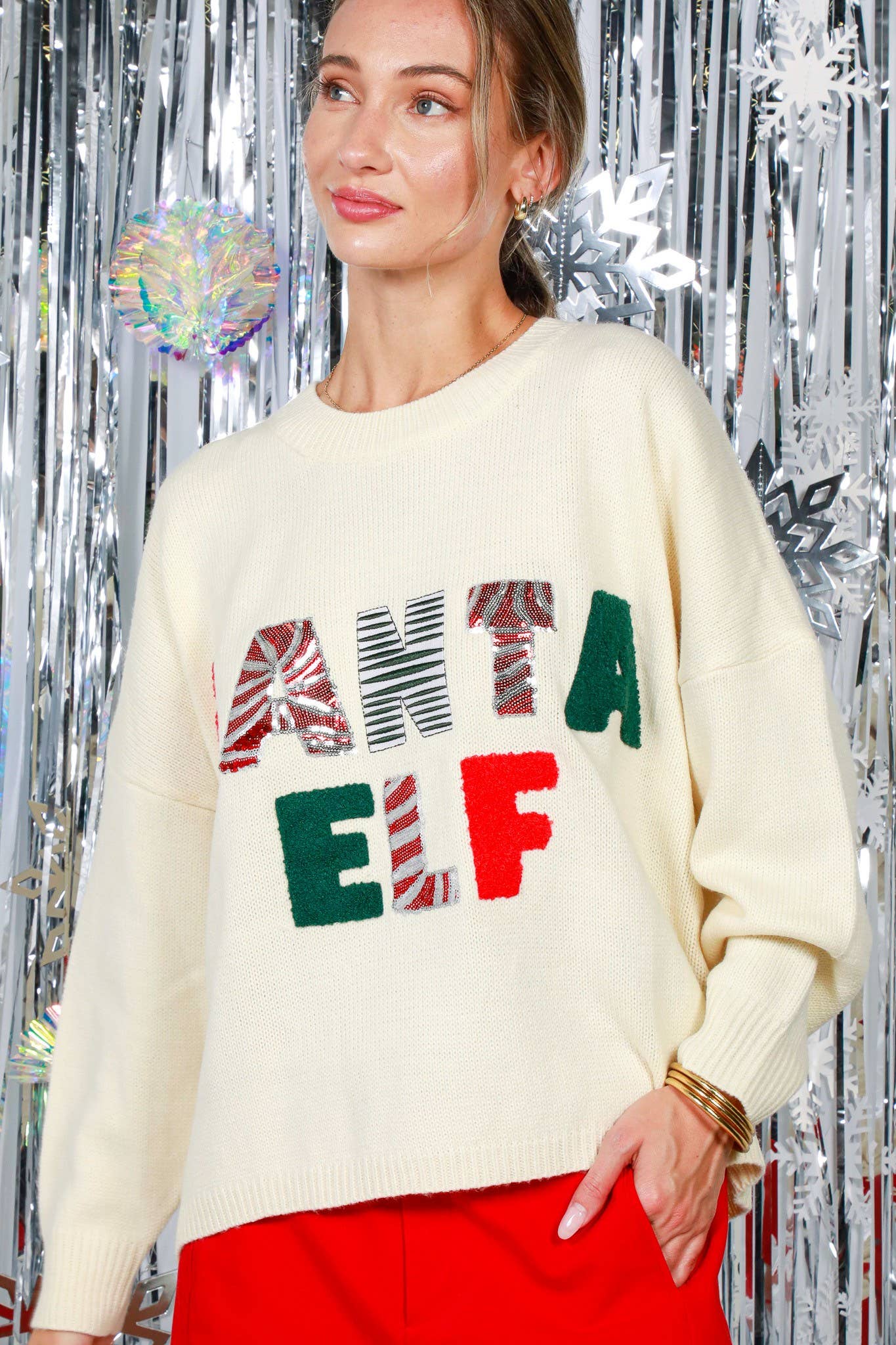Vine & Love - SANTA ELF Sequin Embroidered Knitted Sweater Top VT82034-