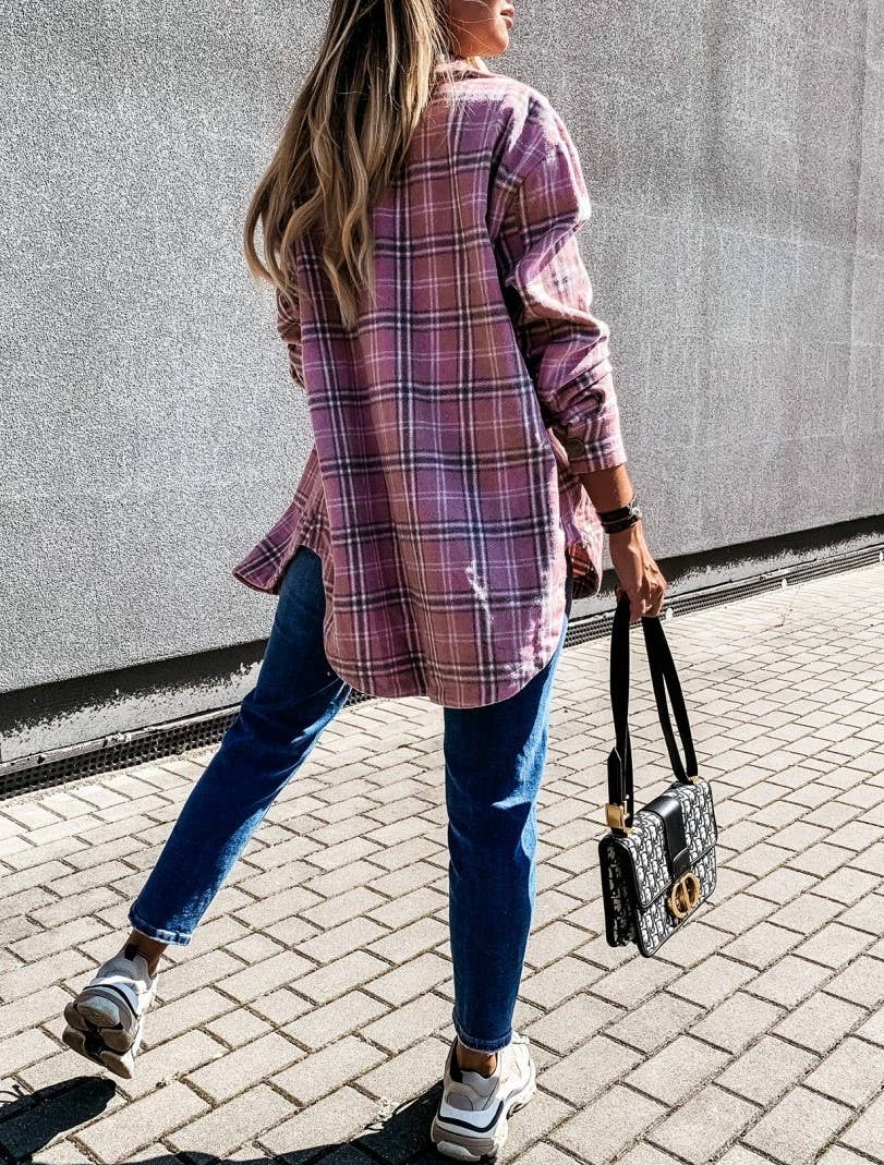 HIDDENBRAND - Loose casual vintage plaid long-sleeved shirt jacket: White / L