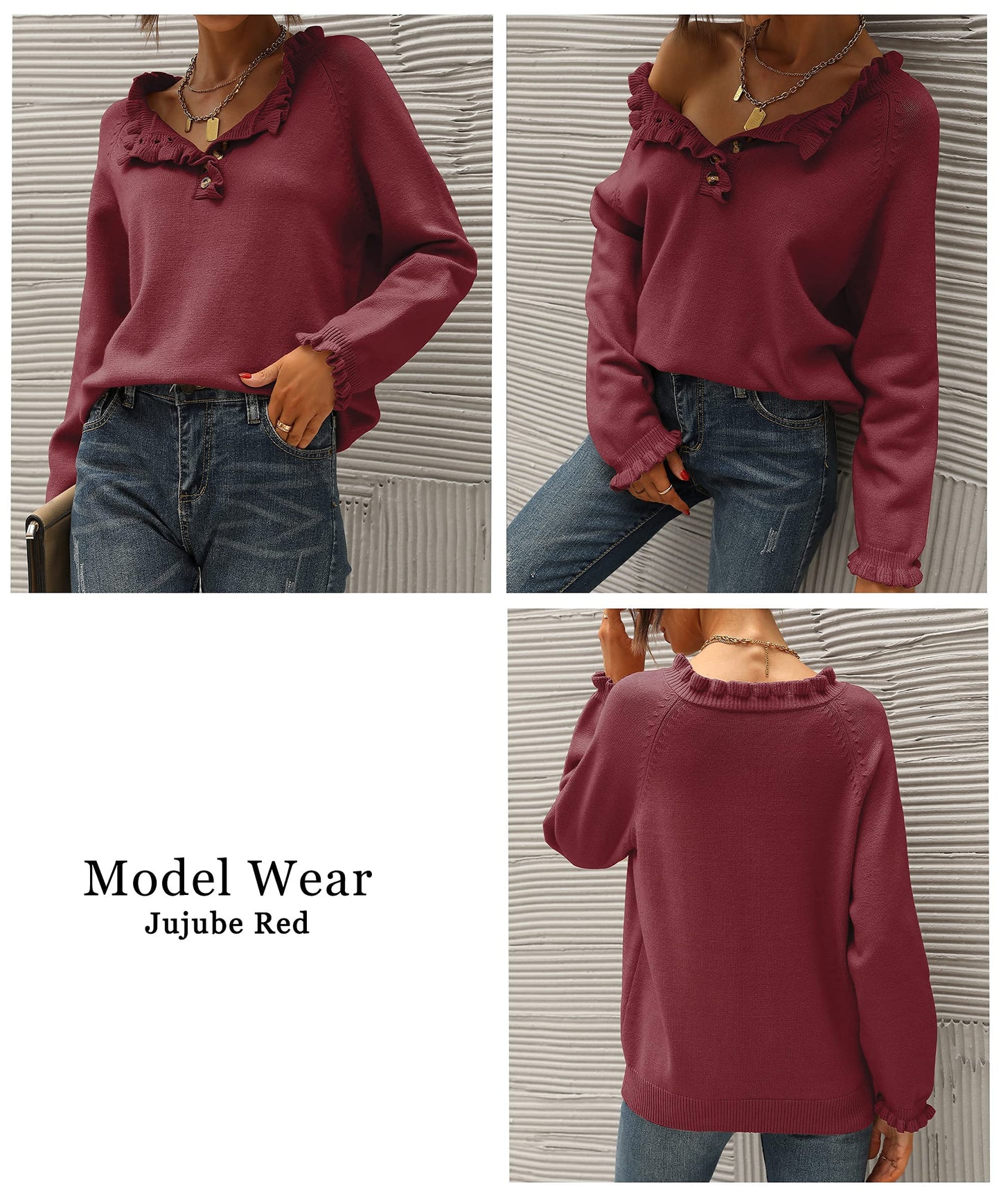 BTFBM 2024 Womens Sweaters Fall Winter Outfits Long Sleeve Button Down Ruffle Crew Neck Casual Knitted Pullover Tops