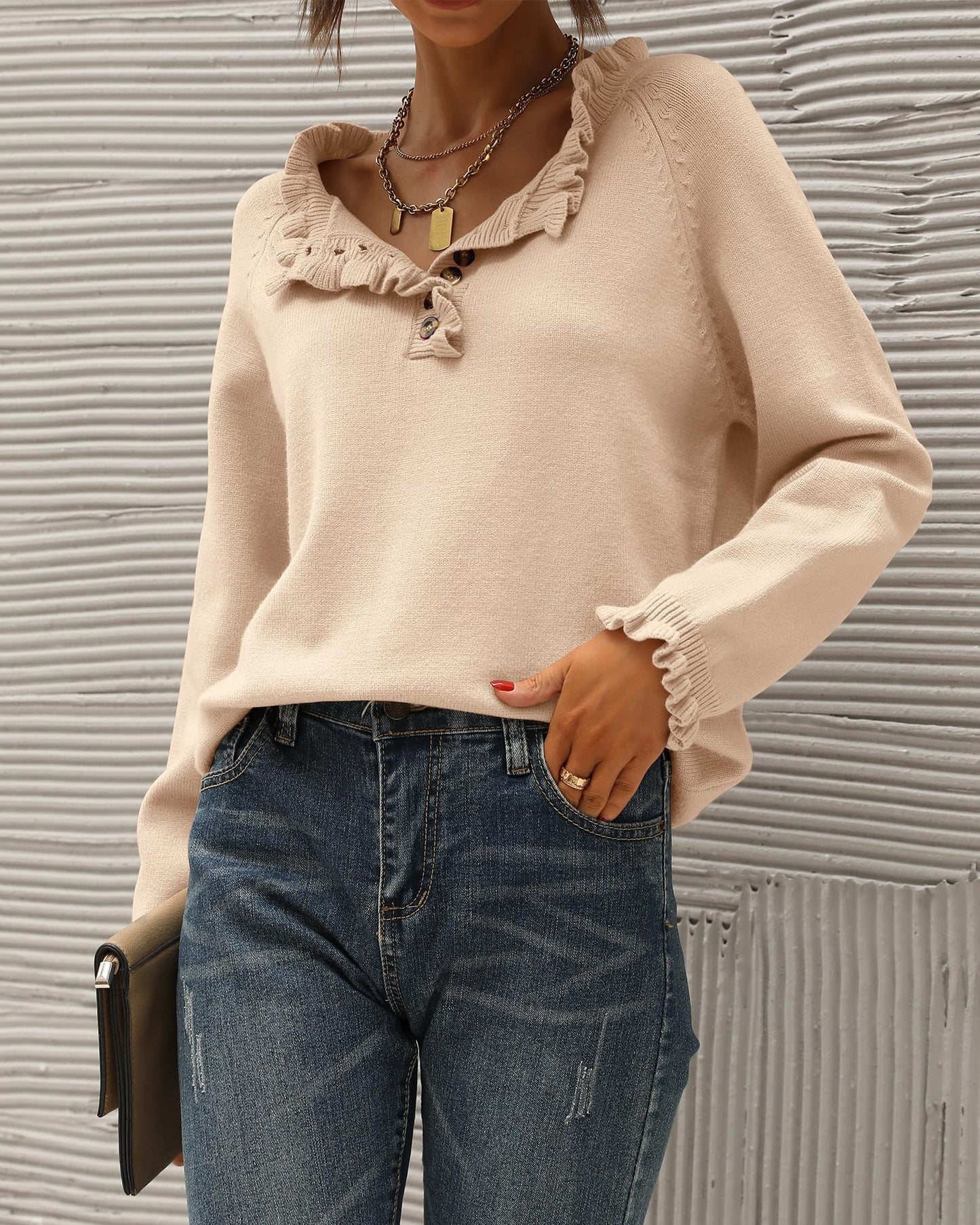 BTFBM 2024 Womens Sweaters Fall Winter Outfits Long Sleeve Button Down Ruffle Crew Neck Casual Knitted Pullover Tops