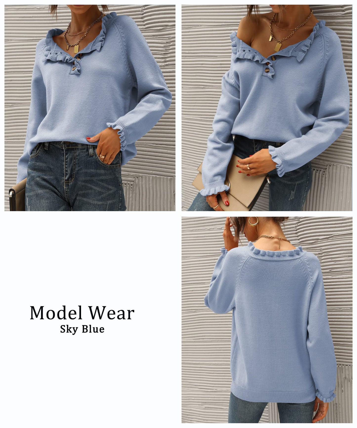 BTFBM 2024 Womens Sweaters Fall Winter Outfits Long Sleeve Button Down Ruffle Crew Neck Casual Knitted Pullover Tops