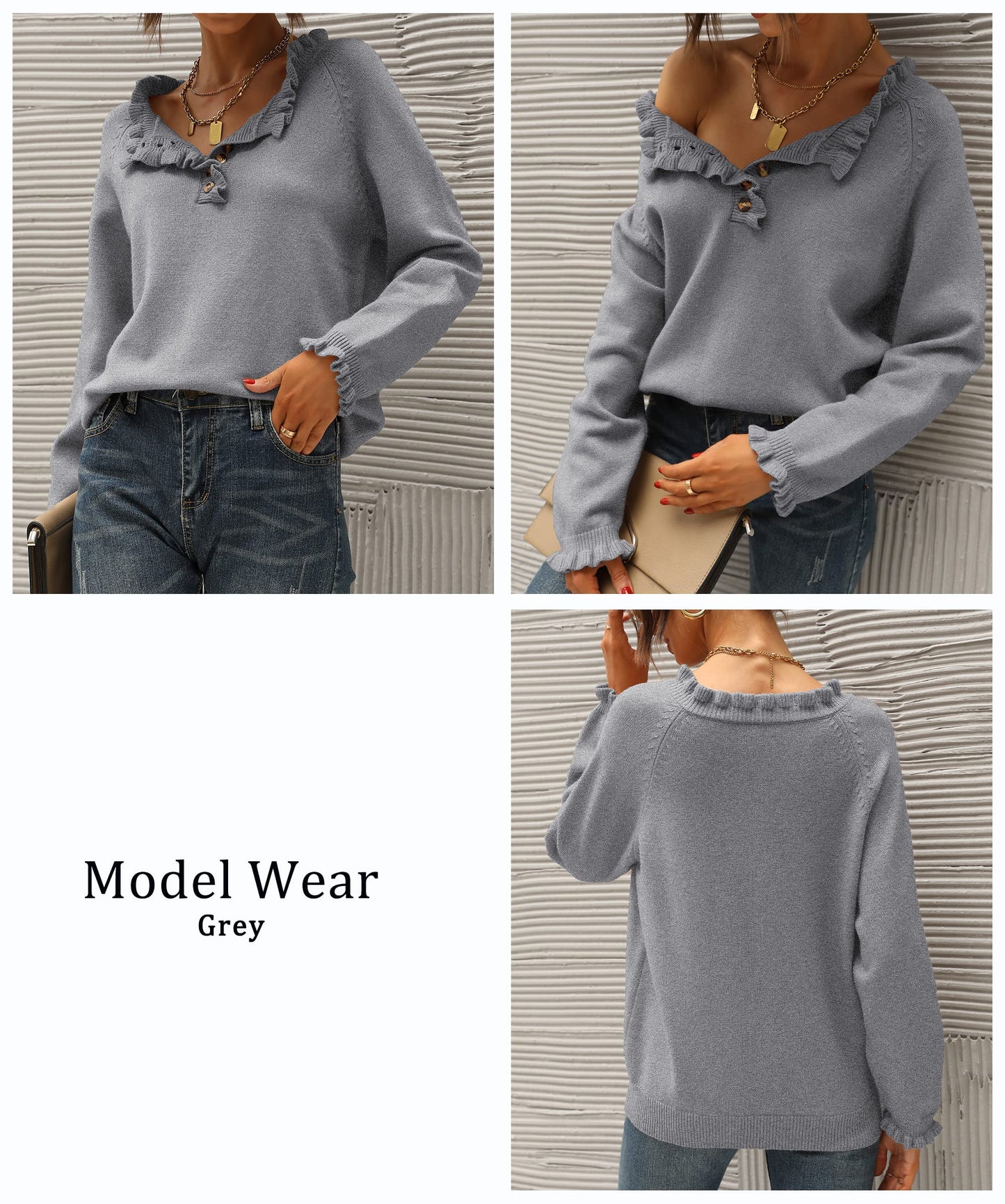 BTFBM 2024 Womens Sweaters Fall Winter Outfits Long Sleeve Button Down Ruffle Crew Neck Casual Knitted Pullover Tops