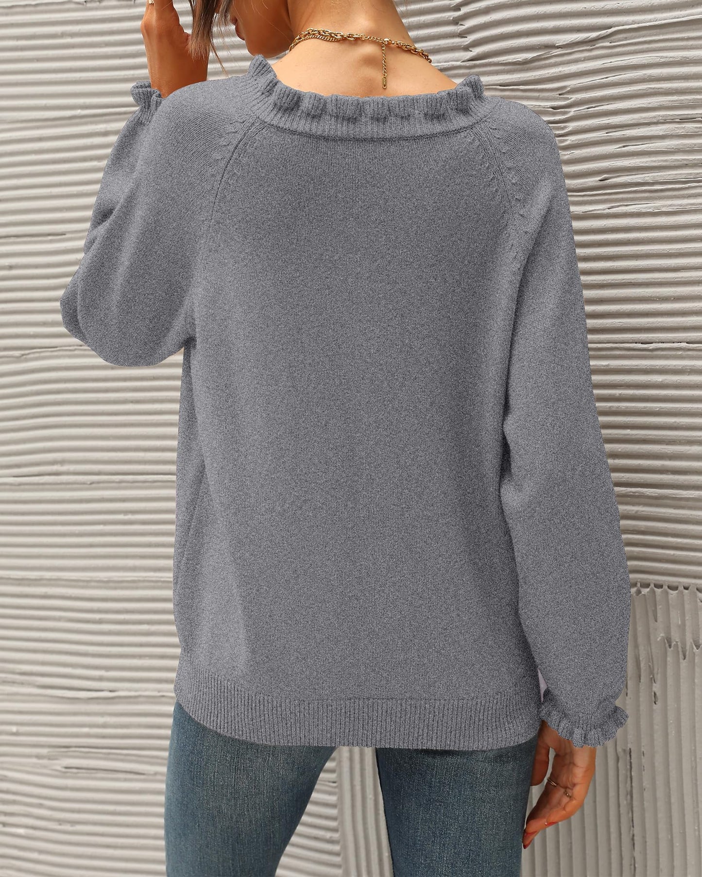 BTFBM 2024 Womens Sweaters Fall Winter Outfits Long Sleeve Button Down Ruffle Crew Neck Casual Knitted Pullover Tops