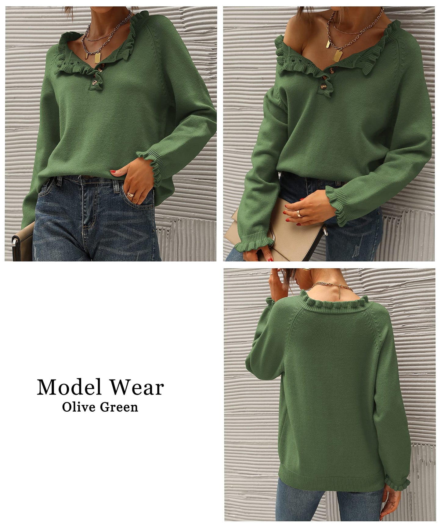 BTFBM 2024 Womens Sweaters Fall Winter Outfits Long Sleeve Button Down Ruffle Crew Neck Casual Knitted Pullover Tops