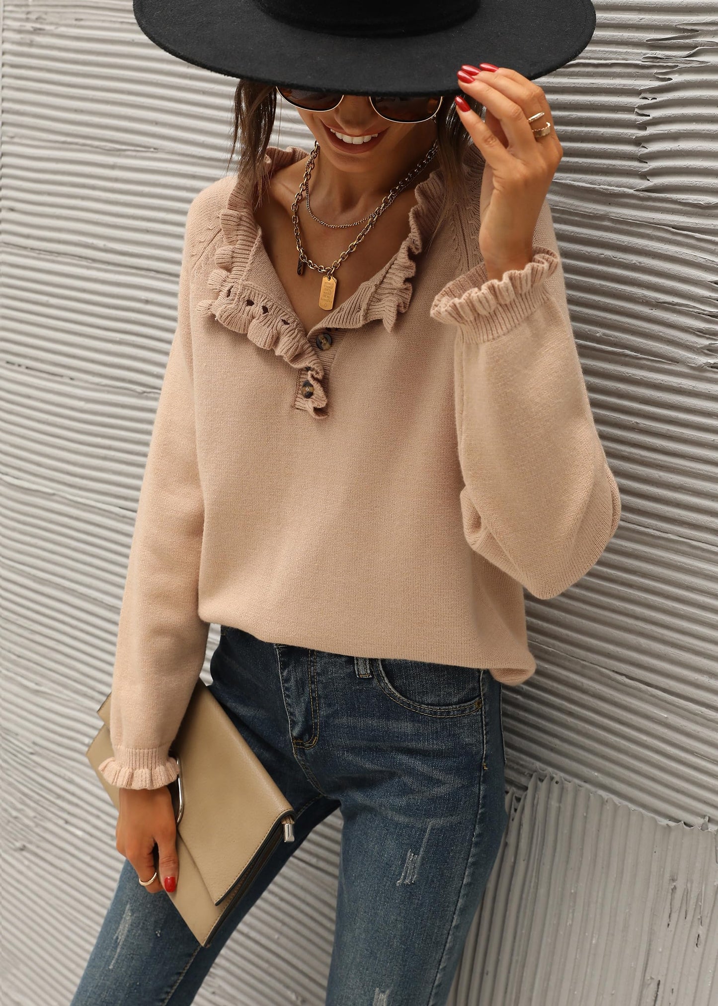 BTFBM 2024 Womens Sweaters Fall Winter Outfits Long Sleeve Button Down Ruffle Crew Neck Casual Knitted Pullover Tops