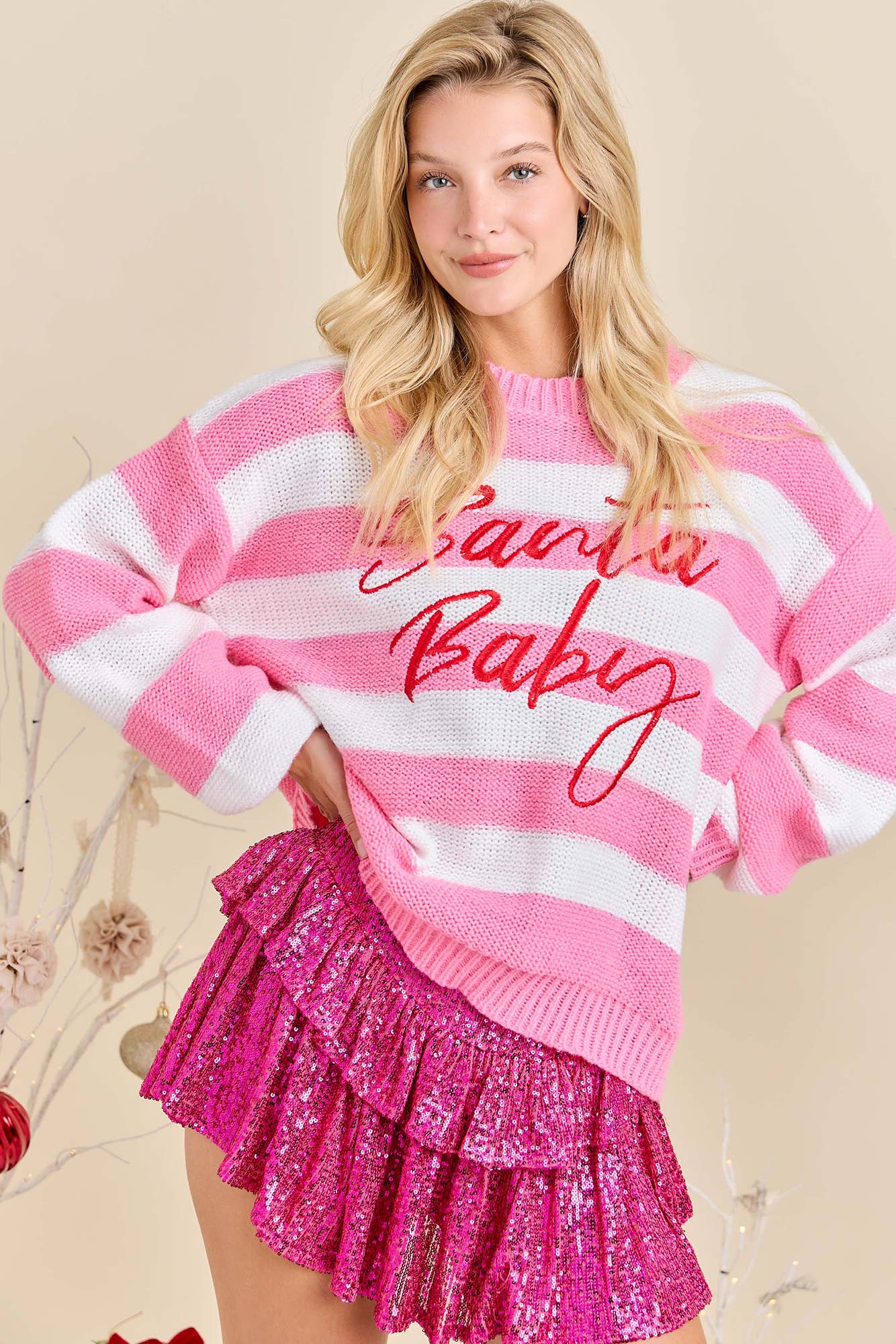 Main Strip - Santa Baby Pink Stripe Knit Sweater Festive Holiday Pullover