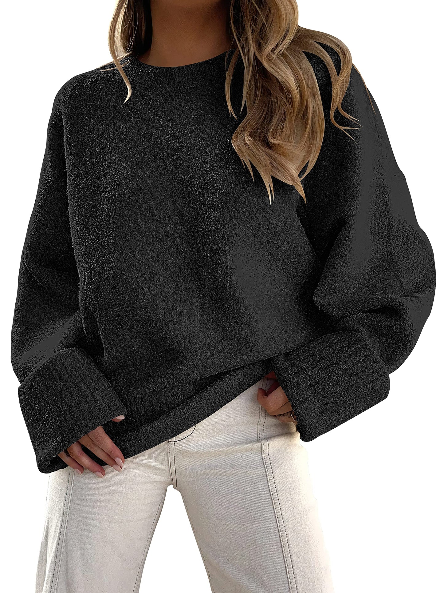 ANRABESS Women's Oversized Crewneck Long Sleeve Fuzzy Knit Casual Chunky Warm 2024 Fall Pullover Sweaters Top Trendy Outfits