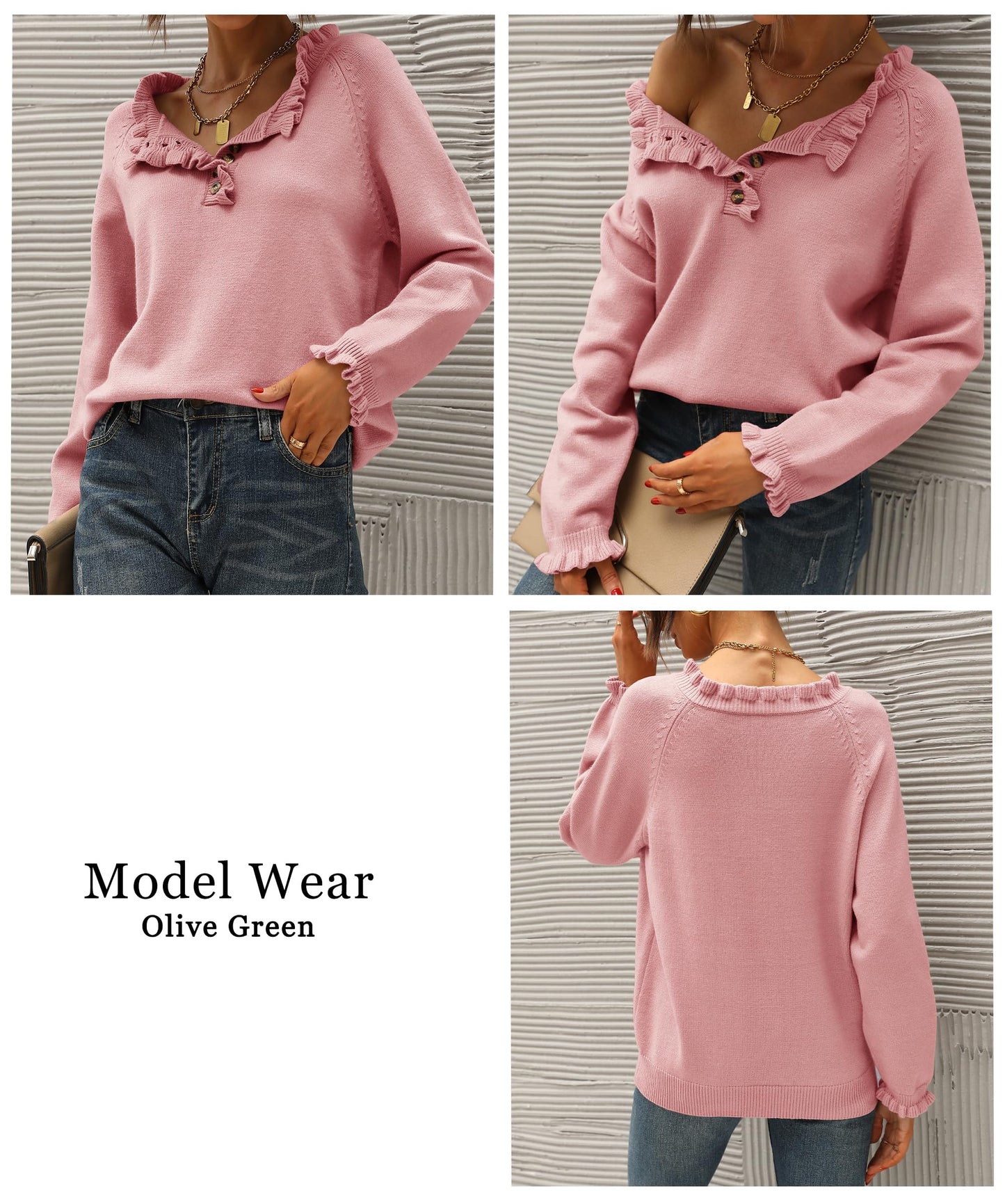 BTFBM 2024 Womens Sweaters Fall Winter Outfits Long Sleeve Button Down Ruffle Crew Neck Casual Knitted Pullover Tops