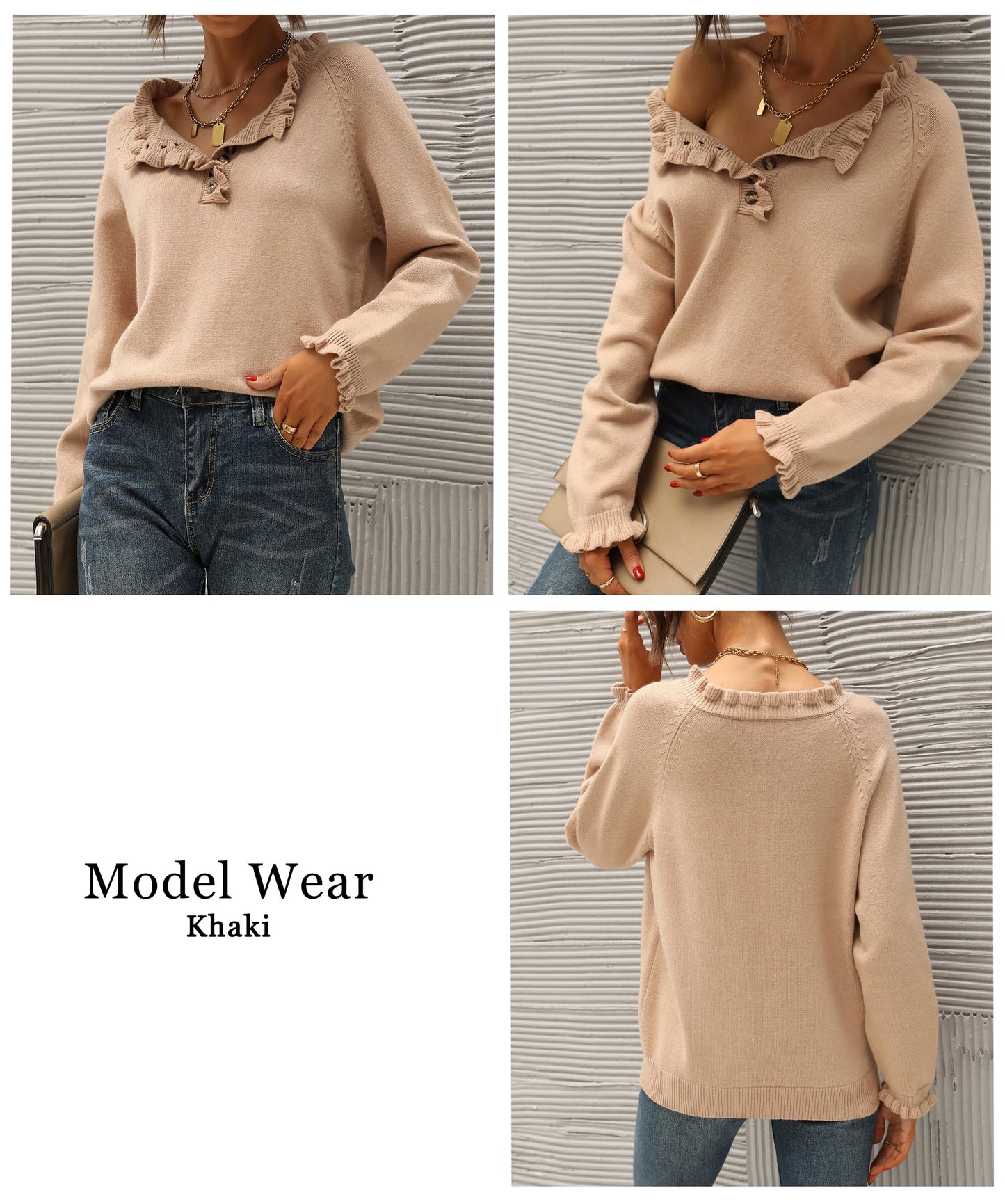 BTFBM 2024 Womens Sweaters Fall Winter Outfits Long Sleeve Button Down Ruffle Crew Neck Casual Knitted Pullover Tops