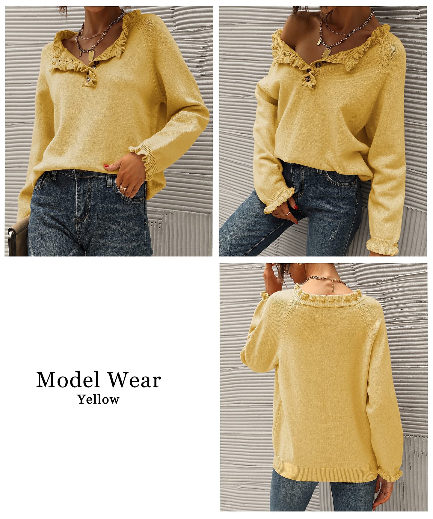 BTFBM 2024 Womens Sweaters Fall Winter Outfits Long Sleeve Button Down Ruffle Crew Neck Casual Knitted Pullover Tops