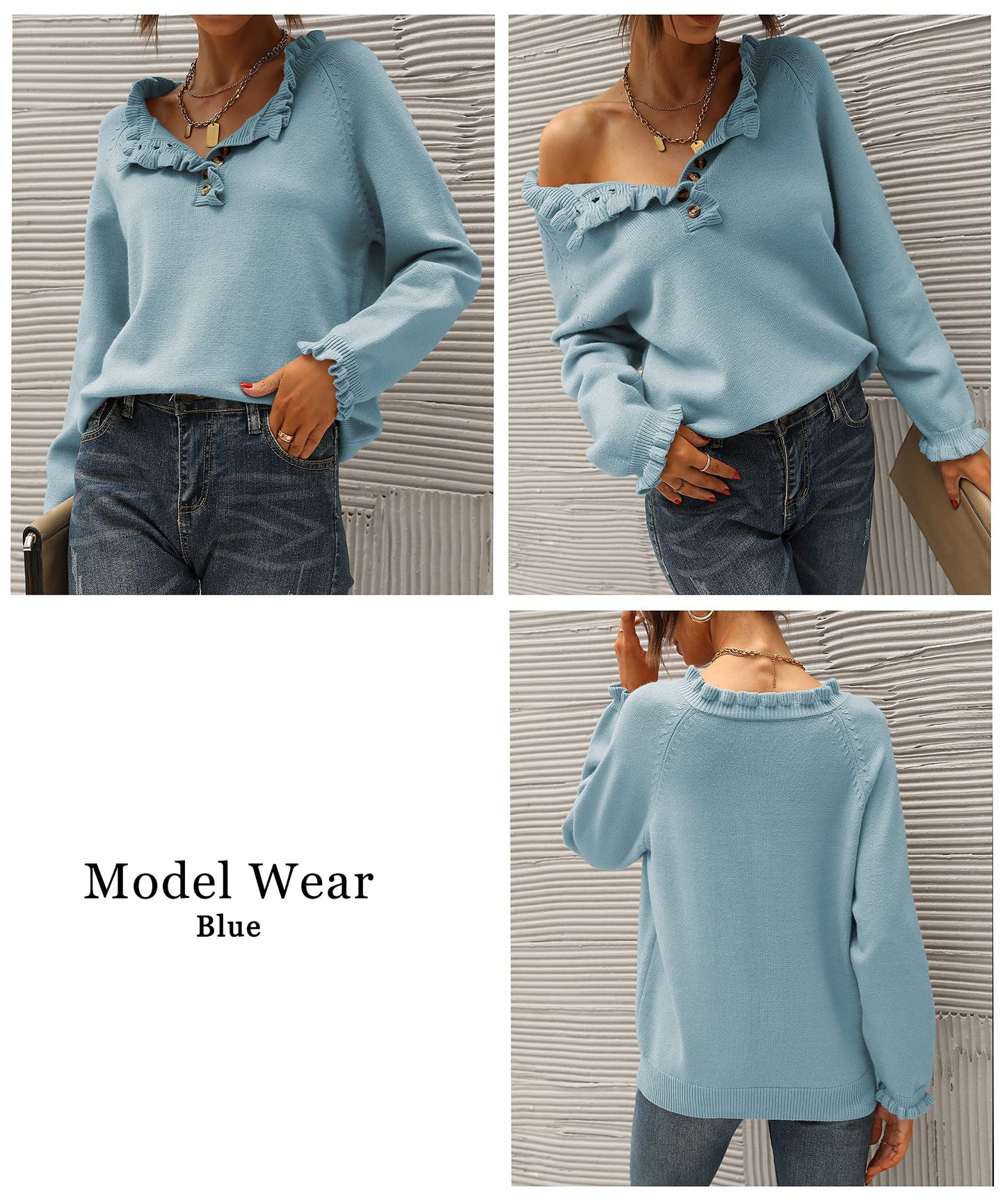 BTFBM 2024 Womens Sweaters Fall Winter Outfits Long Sleeve Button Down Ruffle Crew Neck Casual Knitted Pullover Tops