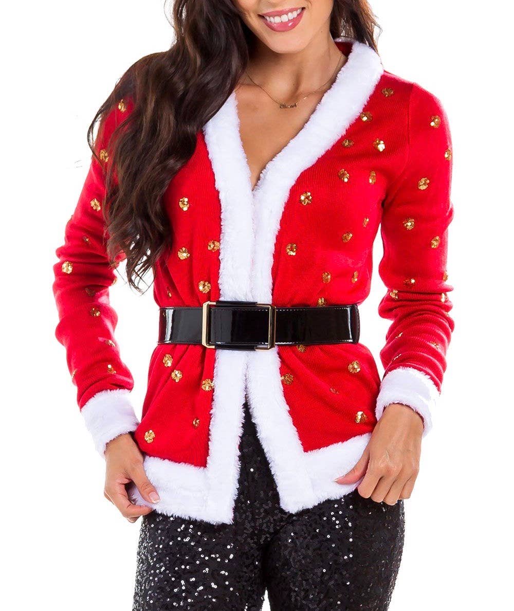 Tipsy Elves - Women's Sequin Mrs. Claus Christmas Sweater - Cardigan