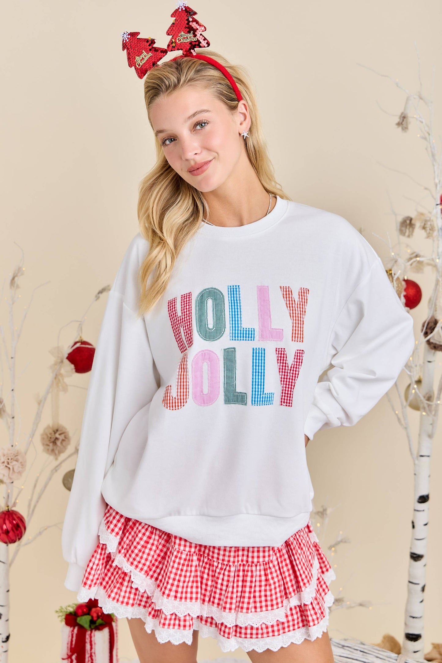 Main Strip - Holly Jolly White Holiday Sweatshirt Festive Winter Pullover