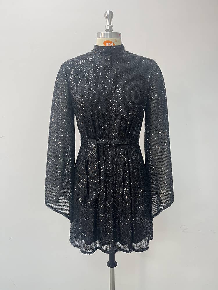 Rosa Clothing - Long sleeve party dress sequined cocktail dress: Black / L