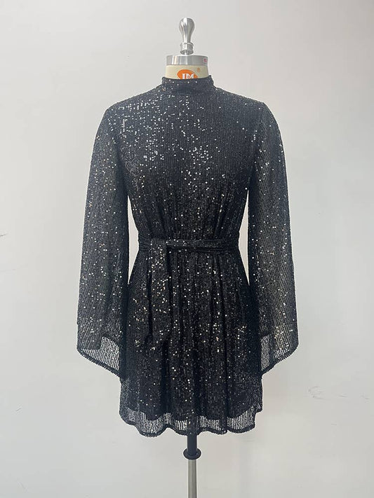 Rosa Clothing - Long sleeve party dress sequined cocktail dress: Black / L