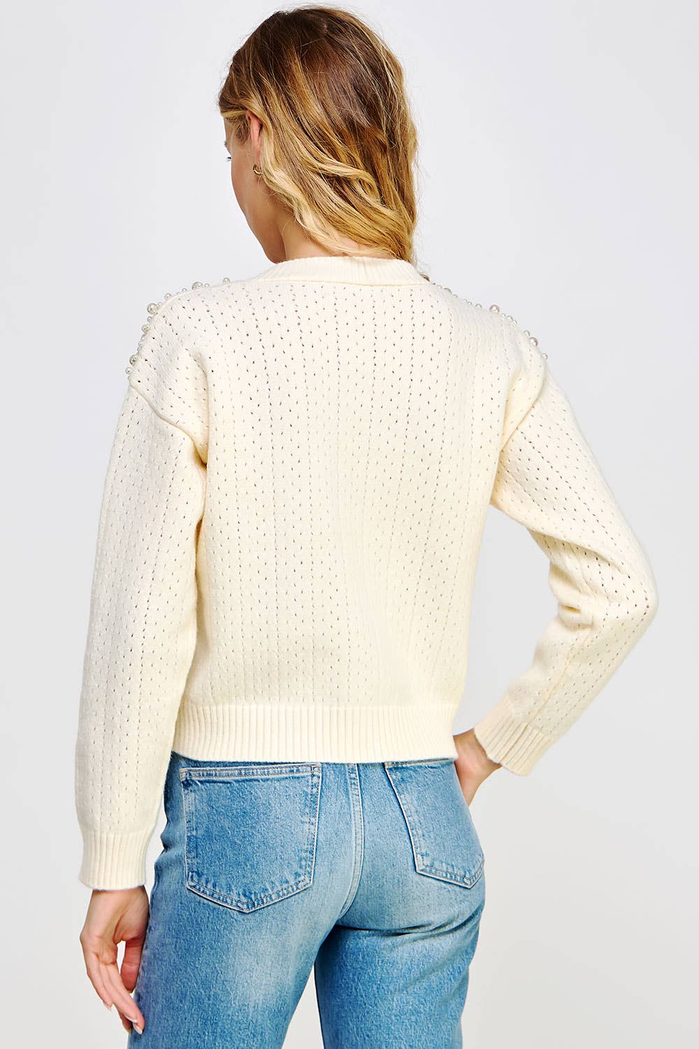 Strut & Bolt - Pearl Studded Eyelet Knit Cardigan Sweater