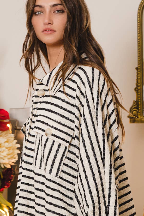 BUCKETLIST - T1578-5  Collared Oversized Button Up Stripe Pullover Top