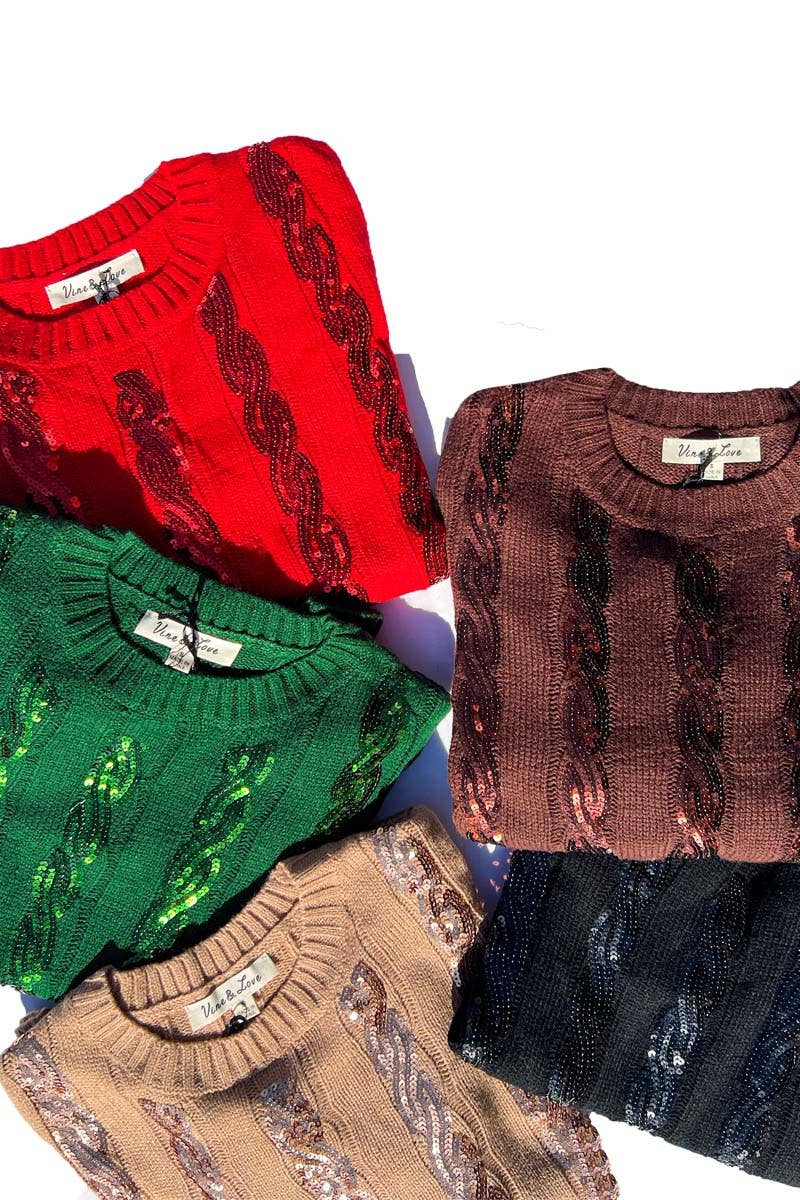 Vine & Love - Cable Sequin Detail Crew Neck Knitted Sweater Top VT70164